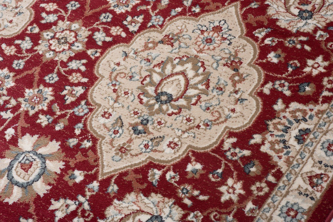 TAPISO Dubai chodnik dywan most kremowo-czerwony z klasyczną ornament kwiatowy wzór na korytarz, pokój dzienny, wejście do mieszkania ÖKOTEX 100 x 1500 cm