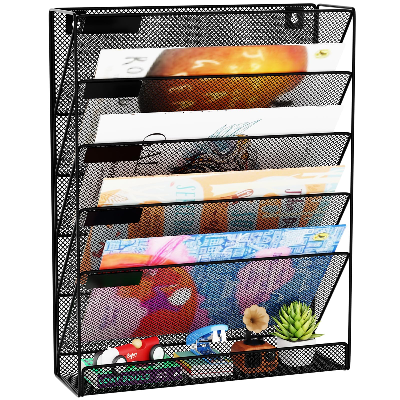 Wall File Organizer Holder Mesh Hanging Paper Document Holder,Vertical 6 Pocket Tier for Office Home, Black