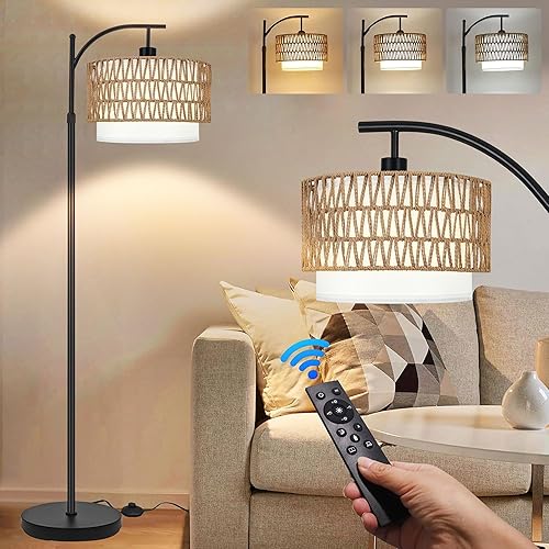 Miniatura 10 de Lámparas de pie de arco para sala de estar, dormitorio, lámpara de pie bohemia de ratán con control remoto, lámpara de pie LED regulable, pantalla