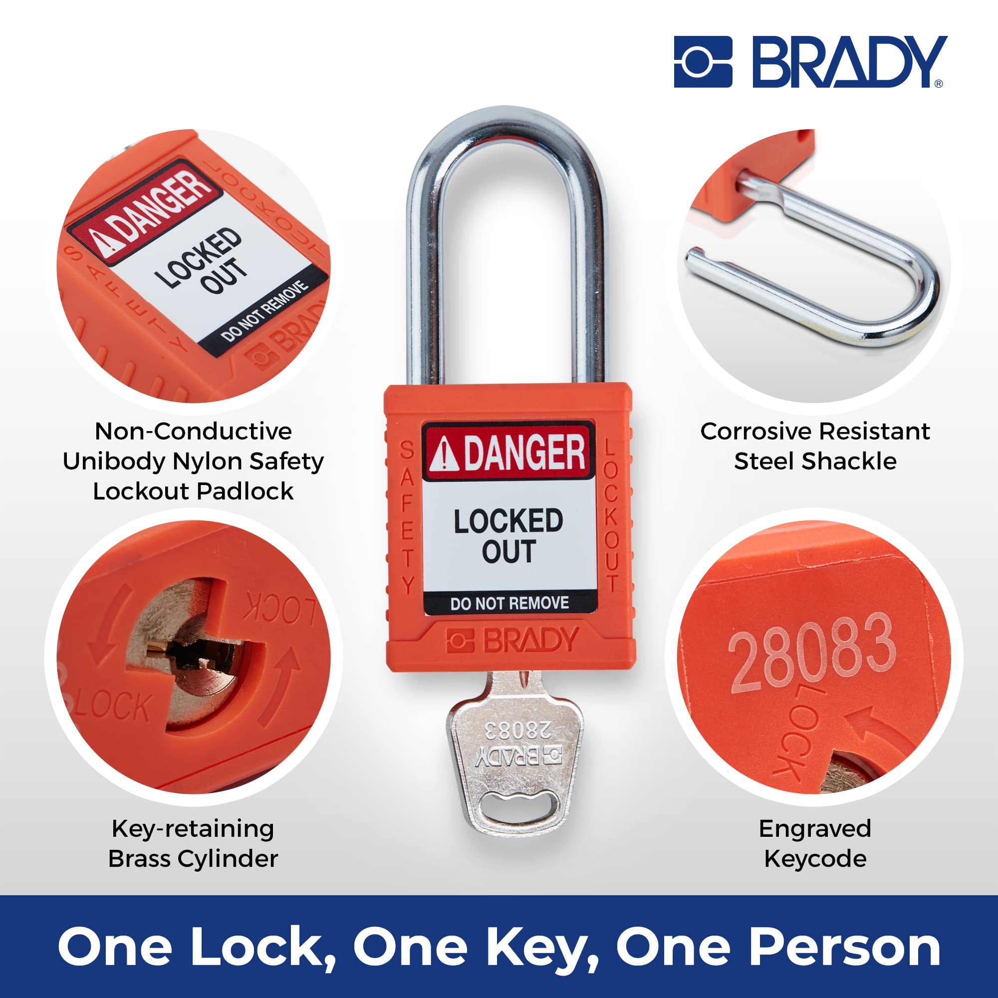 Brady Safety Lockout Padlock Sets - 6 Pack - Orange - Keyed Different Safety Lockout Padlocks - 1 Key Per Lock - SDPL-ORG-38ST-KD6 - Image 3