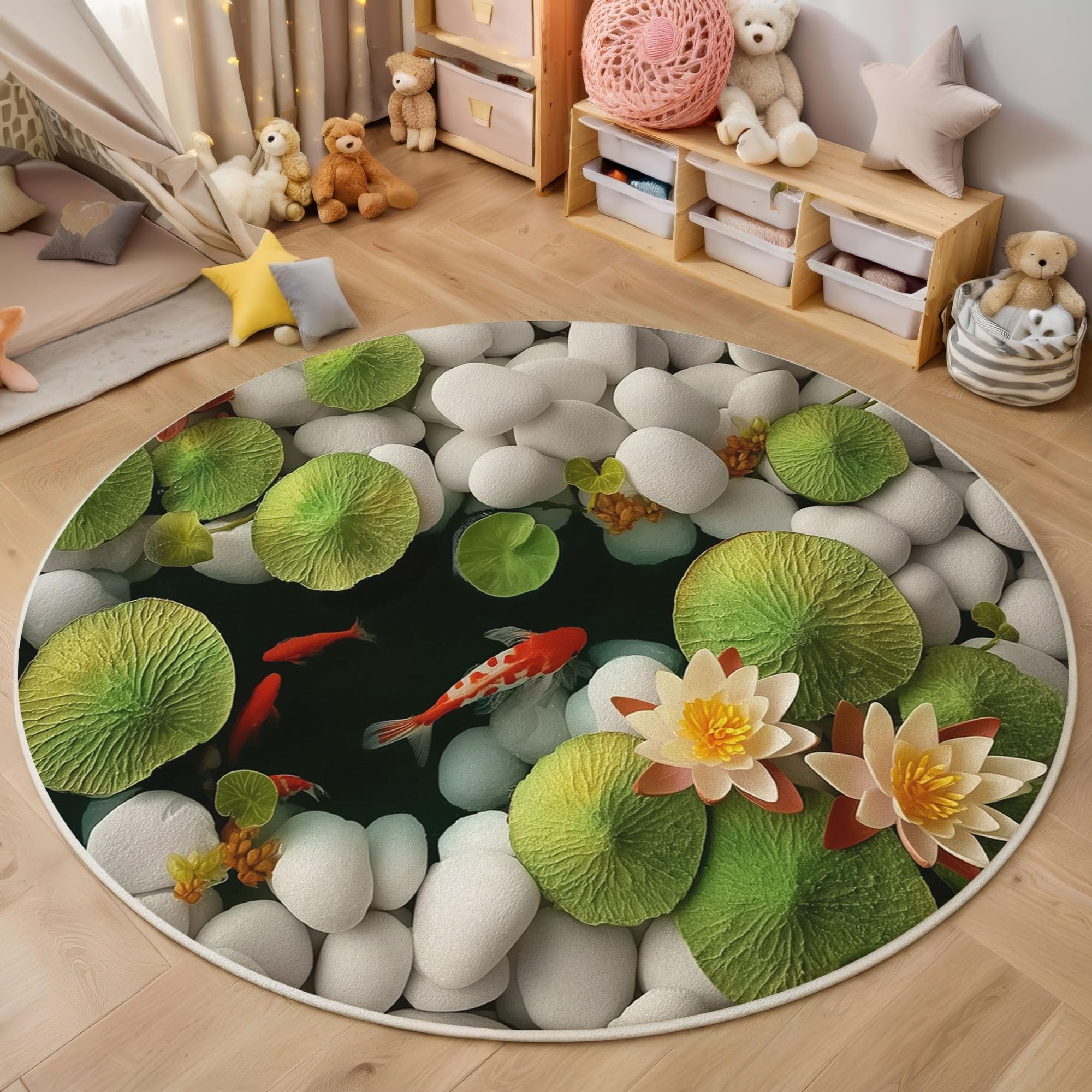Kieselpool Teppich Rund 120cm Grüne Lotusblätter rutschfest Weich Teppiche Kurzflor Runder Teppiche Waschbar pflegeleicht für Wohnzimmer Schlafzimmer Studie Heimbüro, Smaragd