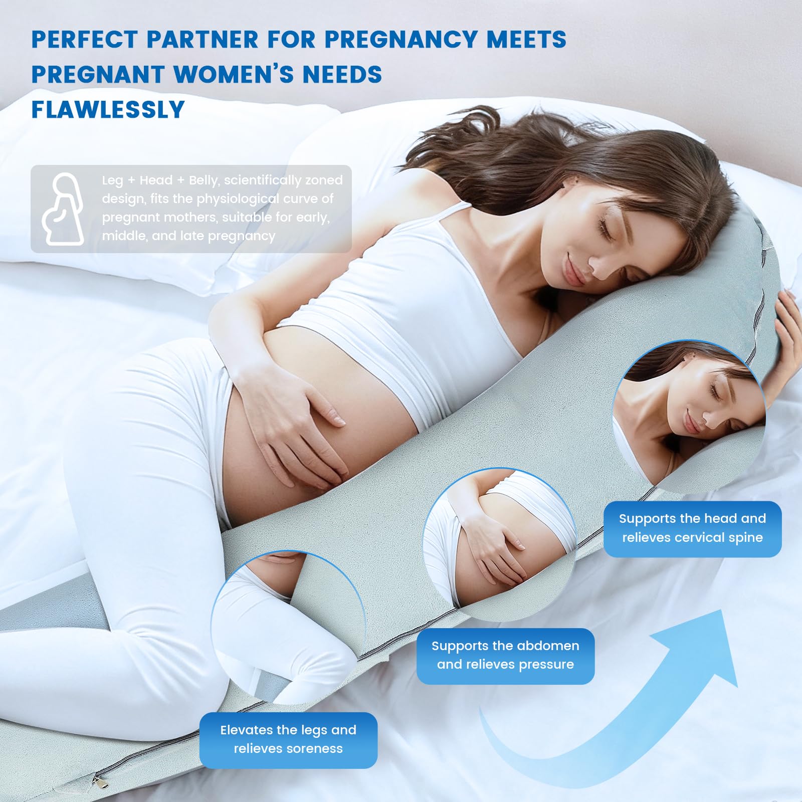 Almohada para dormir de lado, almohada de embarazo con funda lavable, almohada corporal ergonómica para cama en forma de J, almohada de cuerpo completo para aliviar la espalda, estómago y piernas