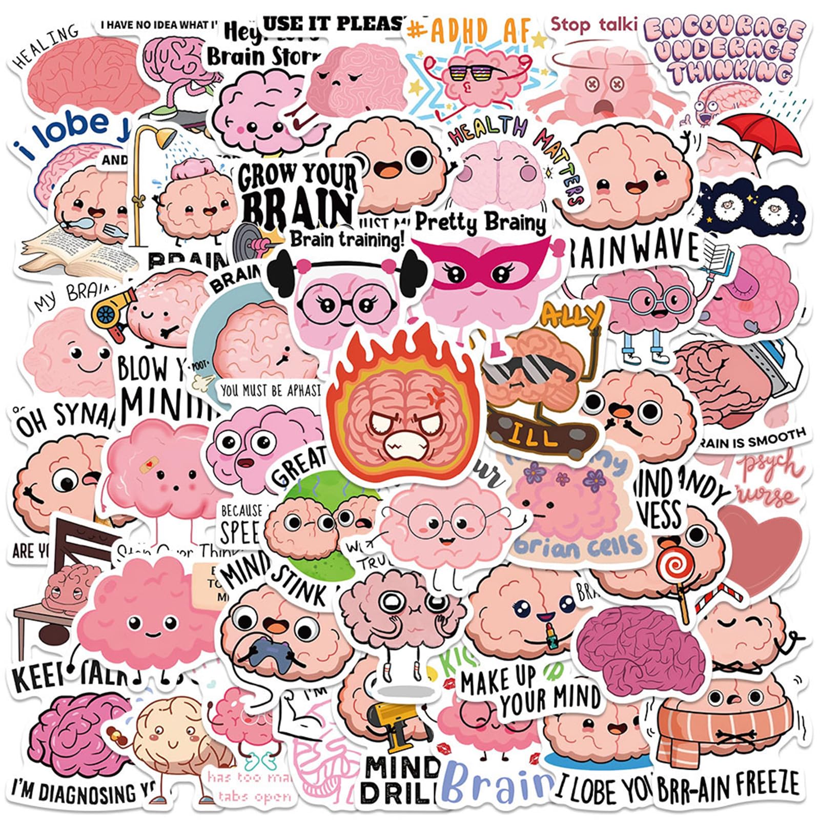 Cute Brain Stickers Aesthetic Cartoon Stickers for Kids Teens, 50PCS Brain Stickers for Water Bottles Laptop Luggage, Vinyl Waterproof Decals Teacher Reward Stickers