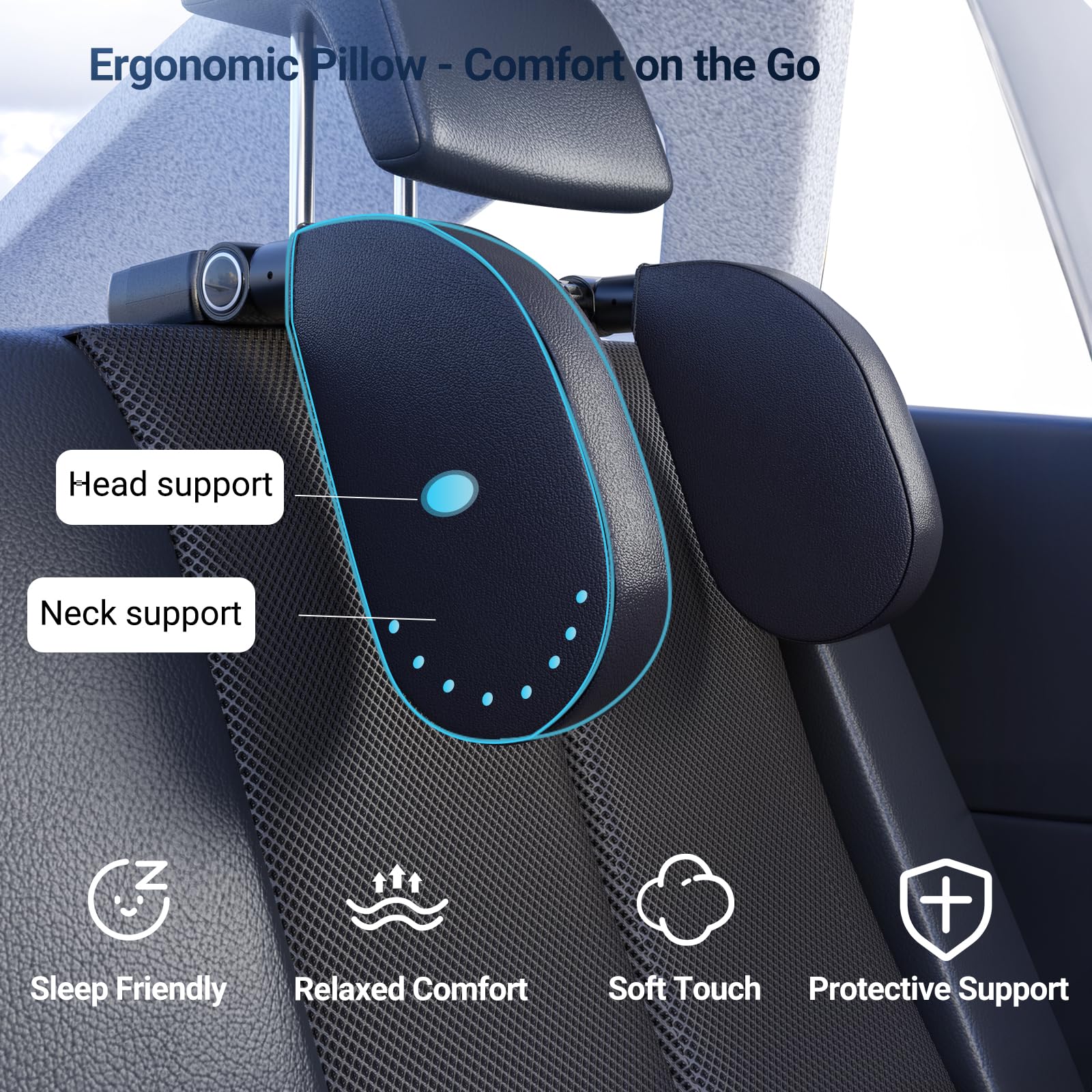LQCOZYM Car Headrest Pillow - Adjustable 180° Car Seat Headrest for Comprehensive Head & Neck Support | Ergonomic Design, Suitable for Children & Adults, Reduces Travel Fatigue (Black 2 Pack)