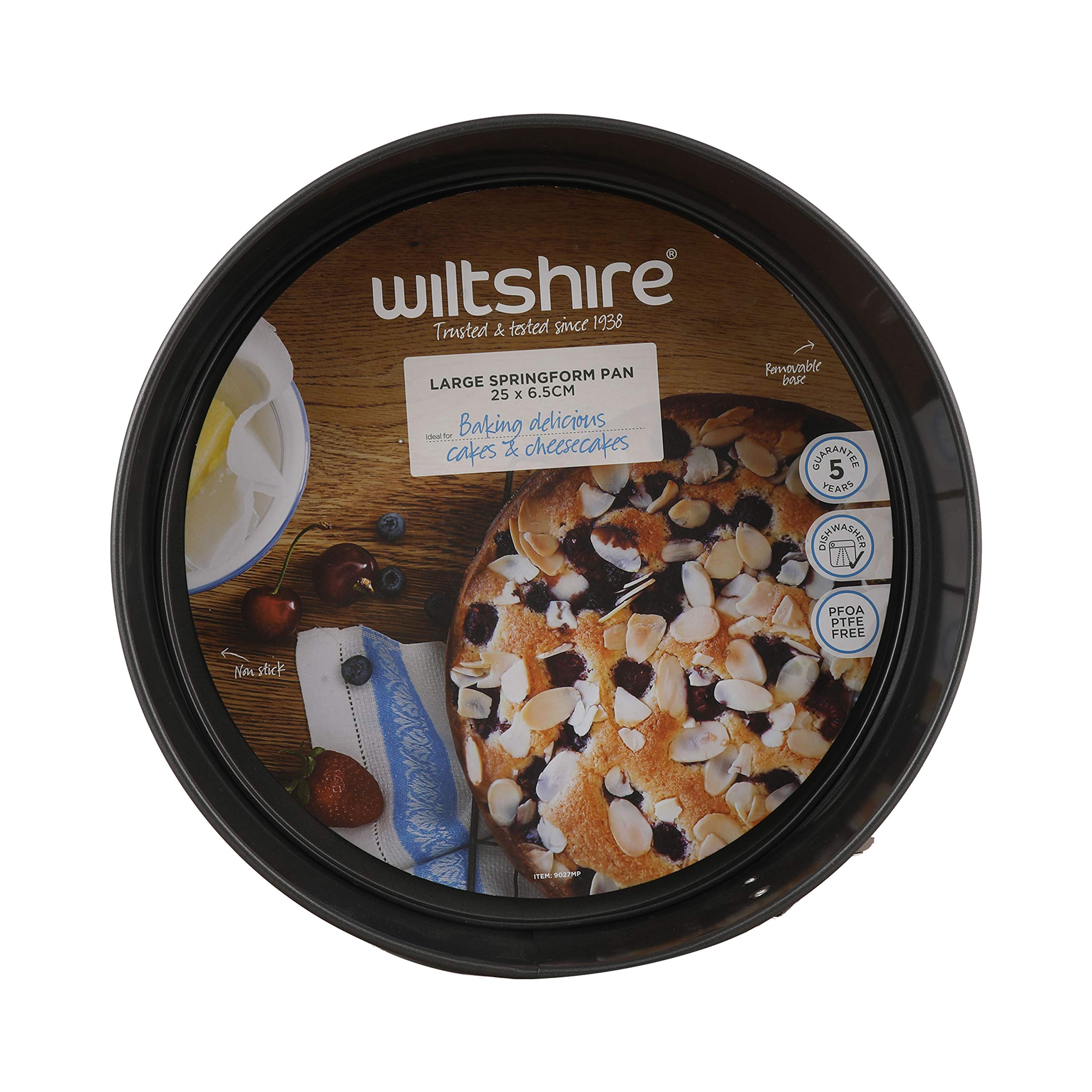 Wiltshire Easybake - Molde redondo grande desmontable para tartas, bandeja inferior extraíble, fácil liberación para hornear, antiadherente, sin PFAS, apto para lavavajillas, acero al carbono, fácil