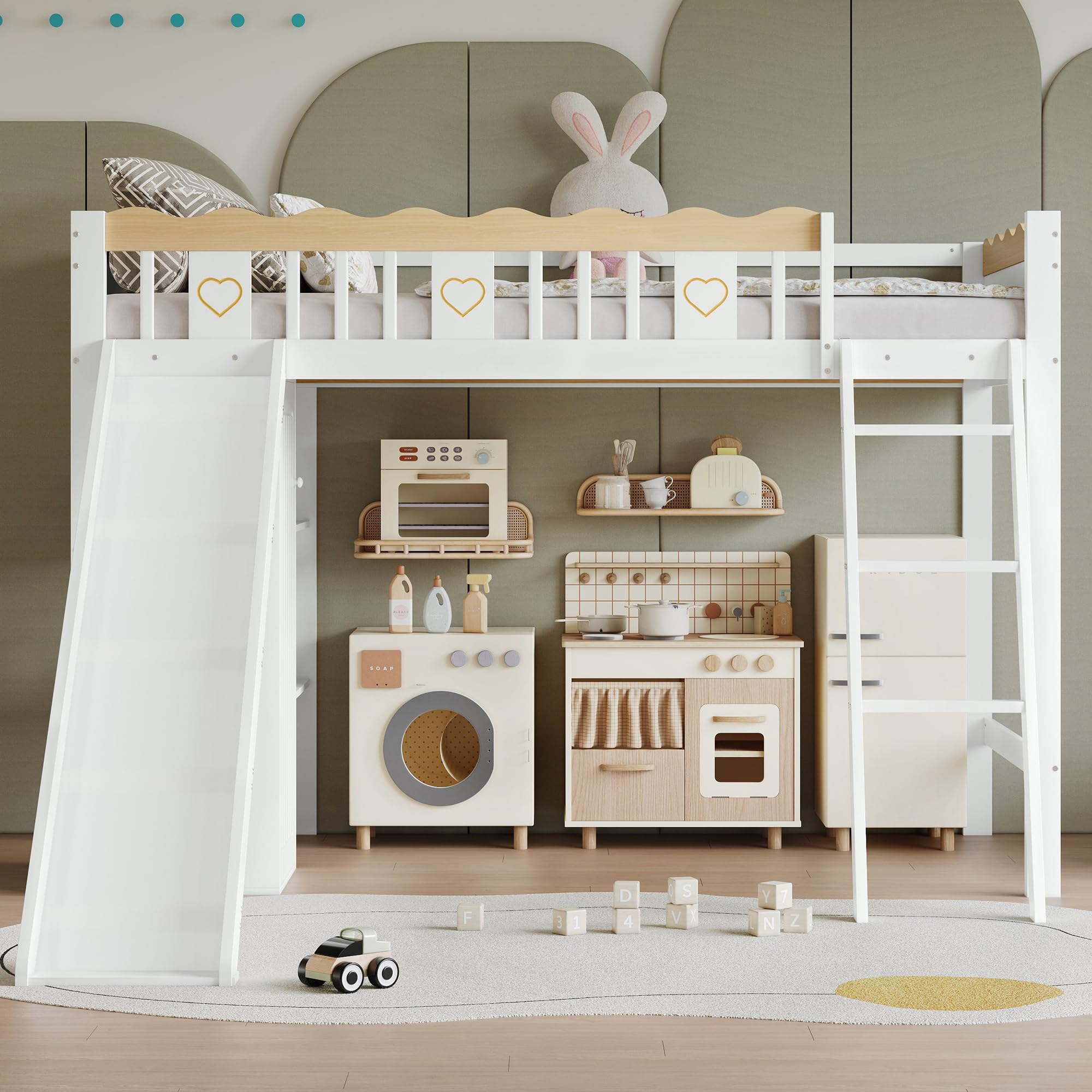 Litera de 90 x 200 cm, cuna con tobogán, ventanas y escalera inclinada