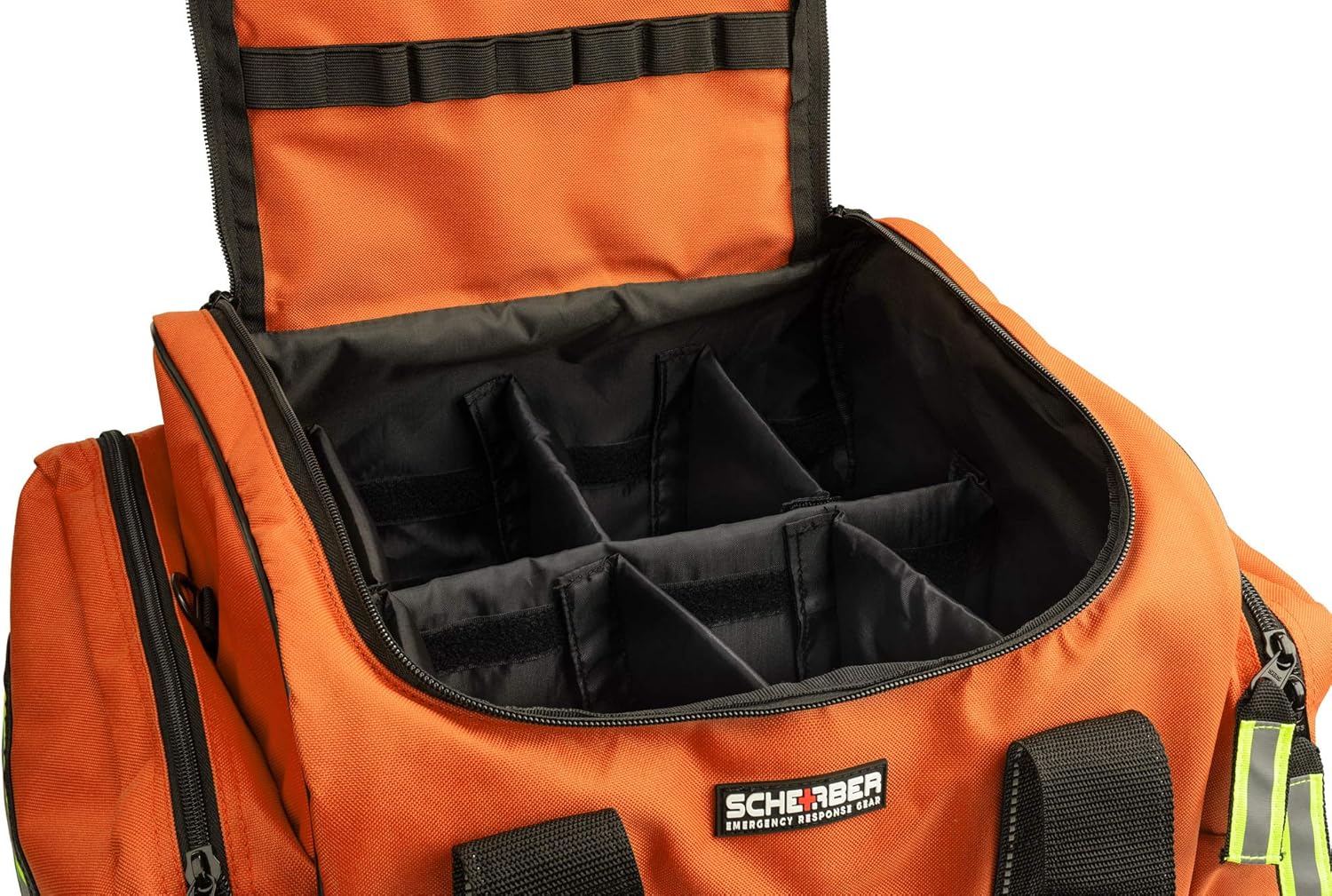 Scherber First Responder Fully-Stocked Large Professional Essentials EMT/EMS Trauma Kit | HSA/FSA Approved | Reflective Bag w/8 Zippered Pockets & Compartments & 250+ First Aid Supplies (Orange)