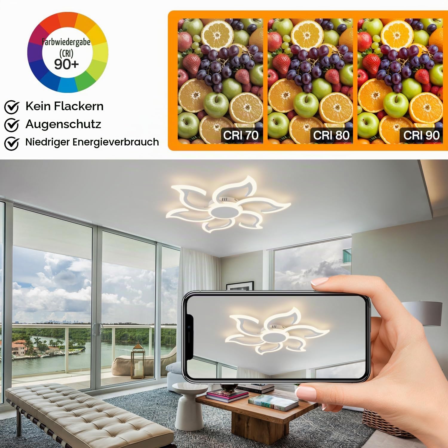 Smart WiFi Wohnzimmer Lampe Decke Kompatibel für Alexa & Google Home, Φ88cm Schlafzimmerlampe Modernes Blumen Design, Dimmbar, Speicherfunktion, Led Deckenleuchte für Schlafzimmer, Weiß