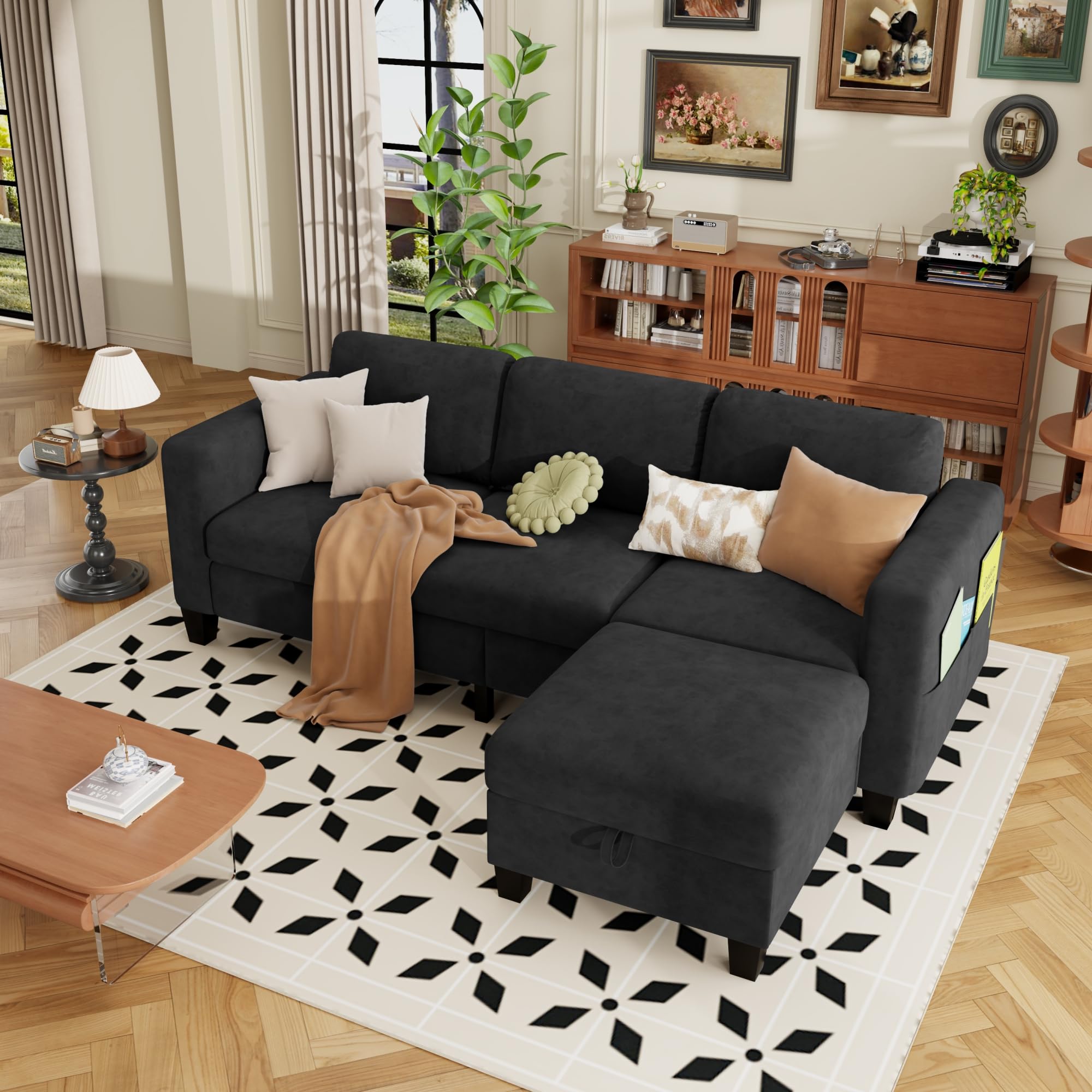 ZeeFu Sectional and Sofa Couches for Living Room - 78'' 3 Seater L-Shaped Modular Couch with Storage Ottoman - Modern Velevt Fabric Upholstered Sofa