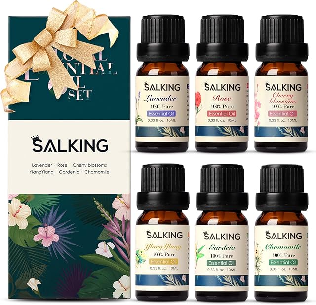 Essential Oils Gift Set, SALKING 100% Pure Aromatherapy Therapeutic Grade Scented Oils for Oil Diffusers,6 x 10 ml(Lavender, Rose, Cherry Blossom,Ylang Ylang,Gardenia,Chamomile)