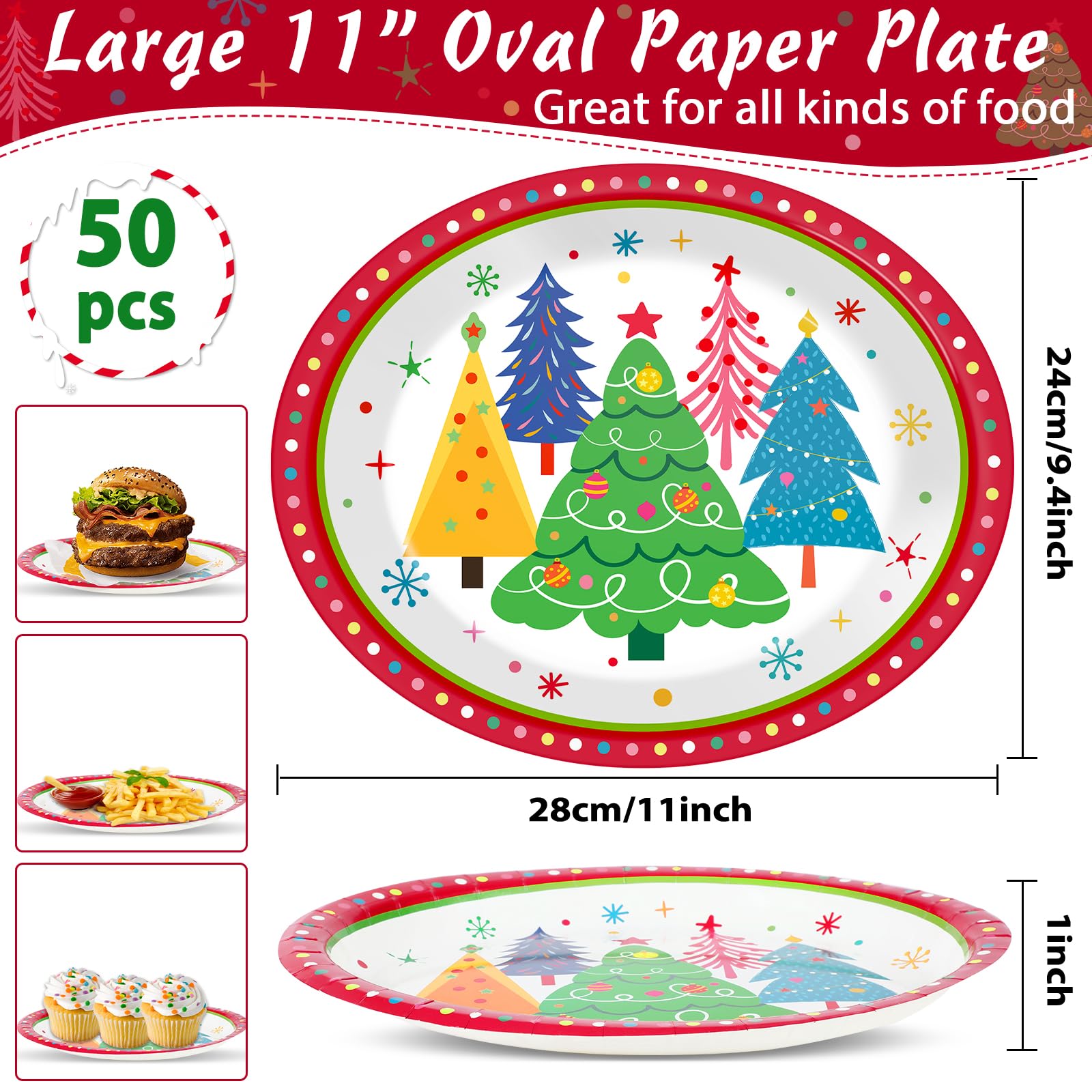 50 platos de papel ovalados coloridos para árbol de Navidad, grandes, desechables, 11icnh, con borde rojo, bandeja de platos resistente para Navidad, vacaciones, cena, fiesta de cumpleaños,