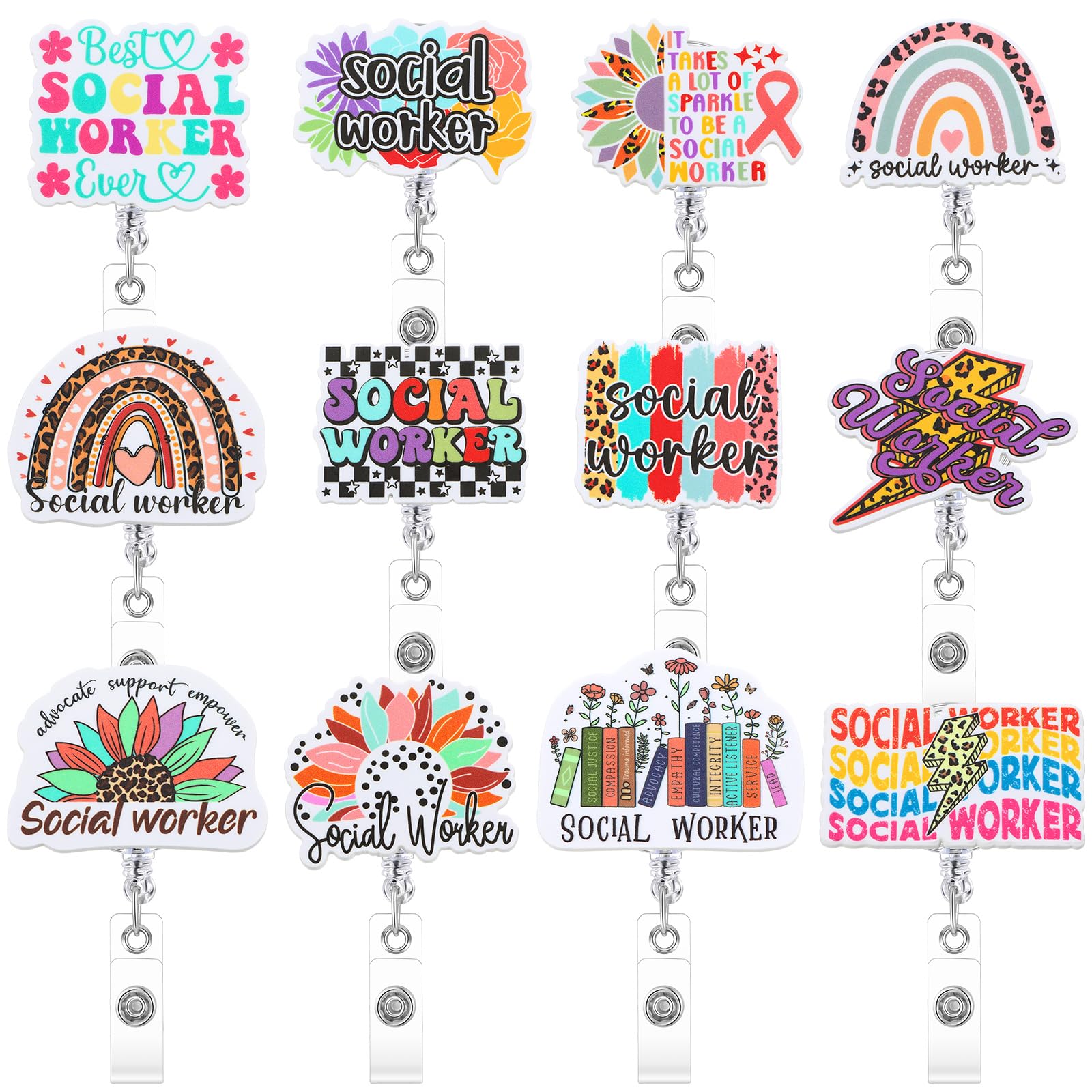 Geyoga 12 Pcs Social Worker Badge Reel Back to School Social Work Appreciation Gifts SW Badge Clip Holder Retractable Name Card Holder Appreciation Month Gifts BSW MSW DSW LCSW Supplies — image 1