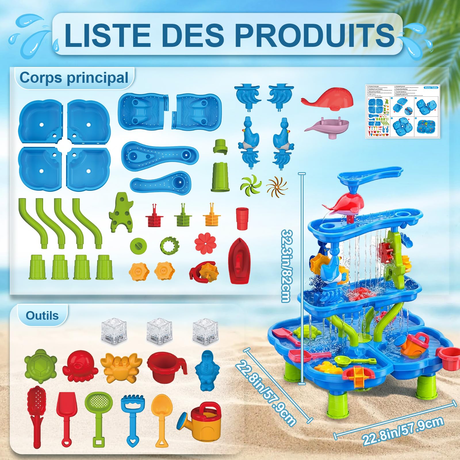Table de Jeux d’Eau pour Enfants, Table de Sable et d’Eau à 4 Niveaux avec Accessoires de Bac à Sable, Grande Table d’Eau pour Jardin, Plage et Été, Jouet d’Eau pour Enfants dès 3 Ans