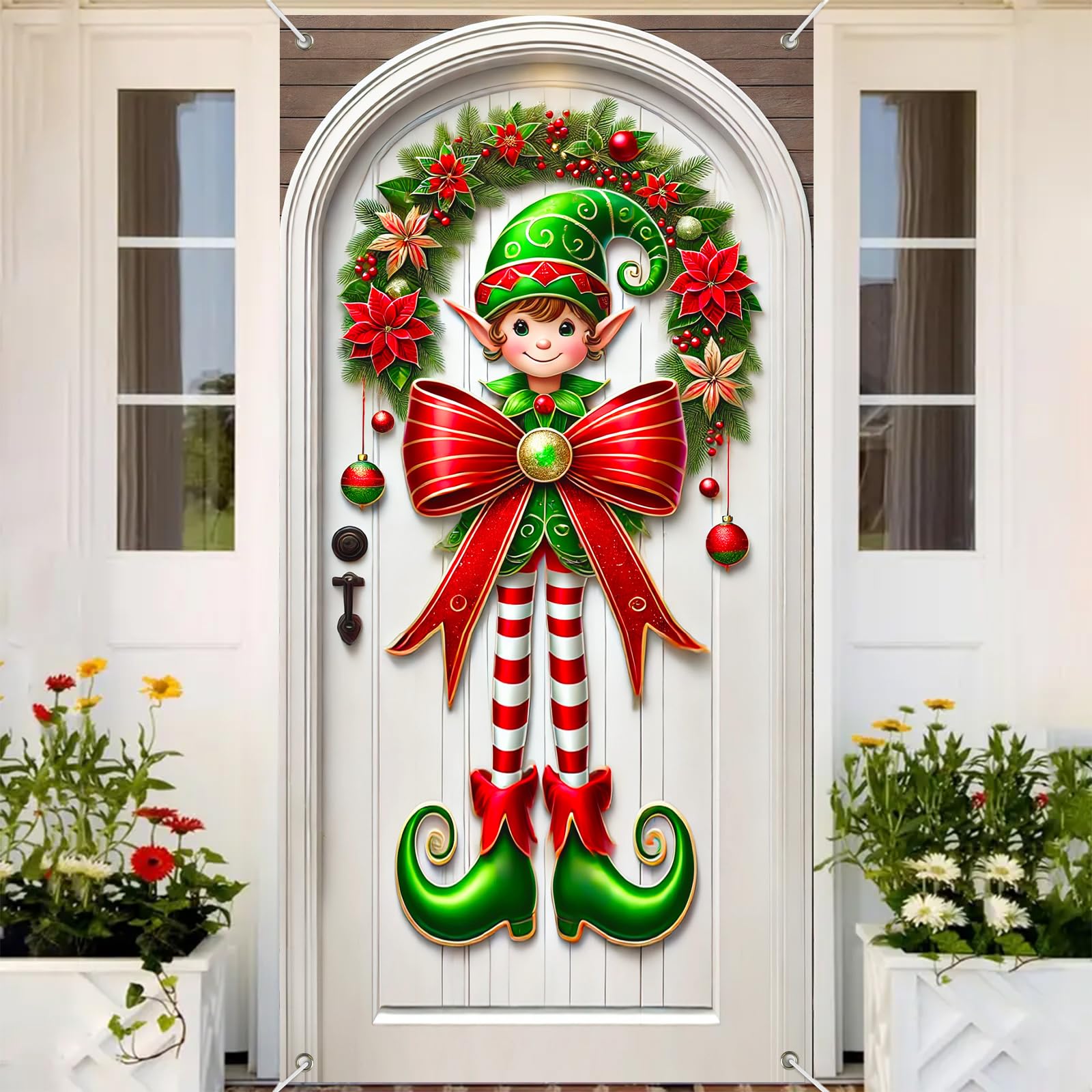 BlissYard Christmas Door Banner Set 35x71 Inch Christmas Elf with Bow Green Hat Poinsettias and Baubles Home Porch Decoration Elf Decoration Front