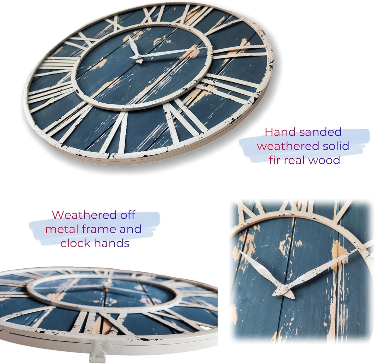 Evursua 24 Inch Large Metal&Wood Wall Clocks Modern Rustic Blend Farmhouse Clocks Distressed Real Wood Handmade Clock for Living Room Decor Home Wall Hanging Accessories Oversized