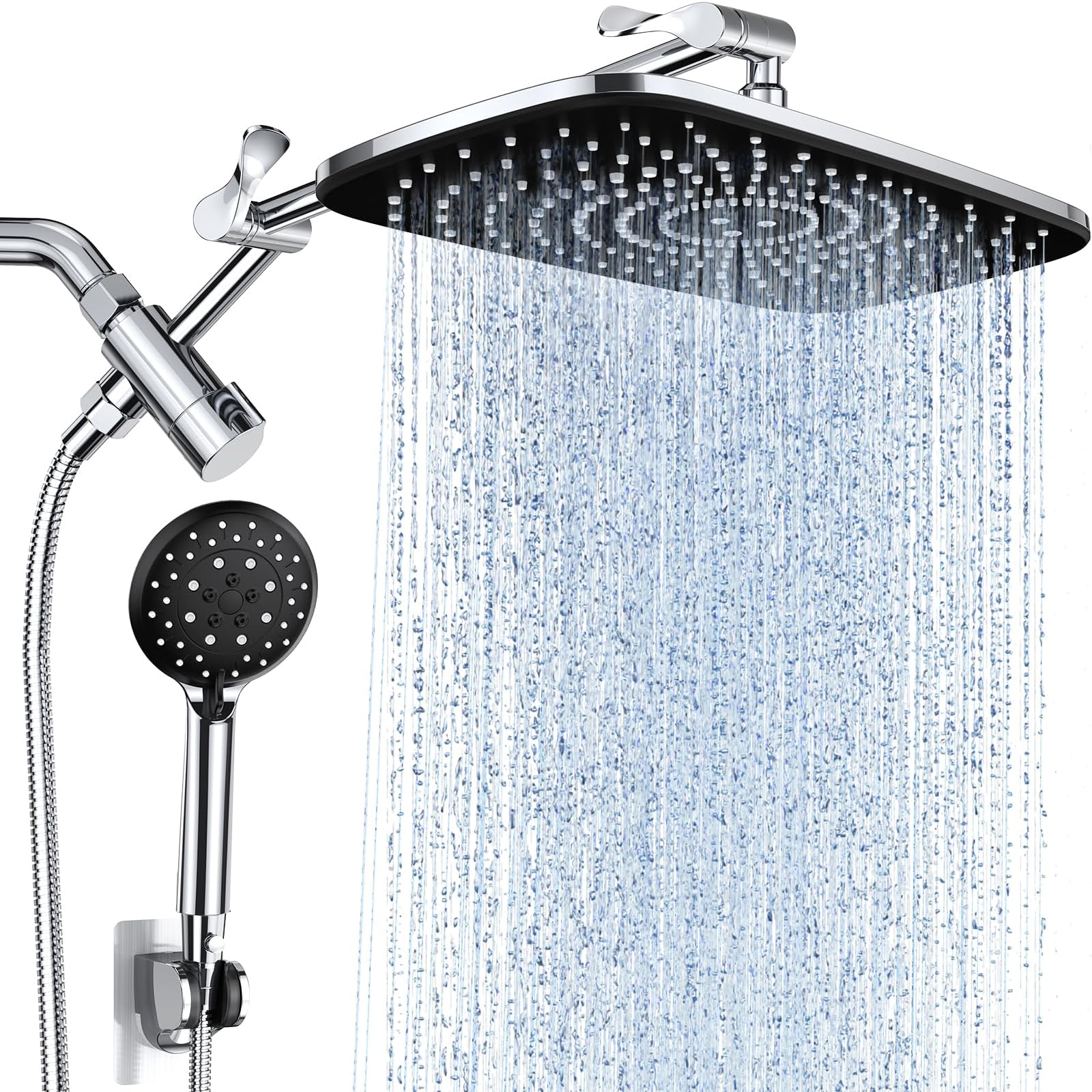 Wide High Pressure Rain Shower Head with Handheld, Handheld Shower Heads with Multi Spray Modes, Rainfall Combo with 15" Metal Extension Arm,Detachable Dual Shower, Bathroom Decor,Chrome Silver