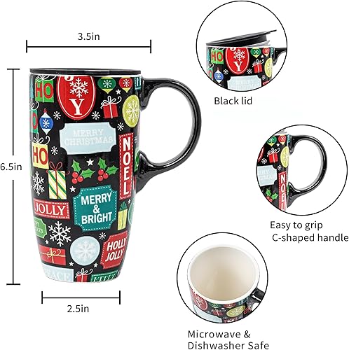 Miniatura 5 de DUSVALLY Taza de café de cerámica, tazas de café de Navidad, taza de té con leche con tapa y caja de regalo, taza de cerámica alta de 17 onzas, Noel