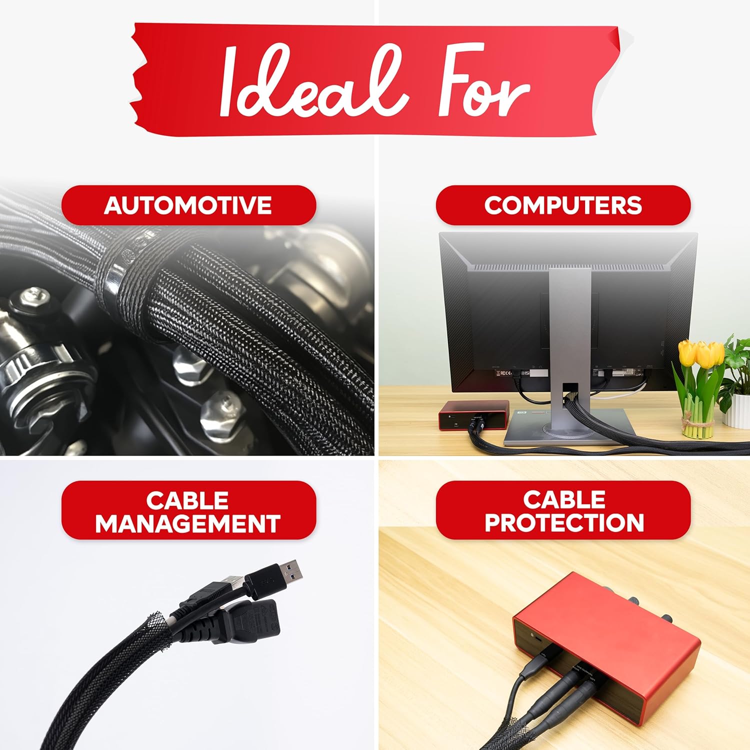 XFasten Cord Protector 1 Inch 100ft - PET Expandable Braided Cable Sleeve - Pet Chew Proof Wire Loom for Audio, Video, PC, TV, Automotive Wire Management - Puppy, Cat Proof Black Cable Wrap for Cords