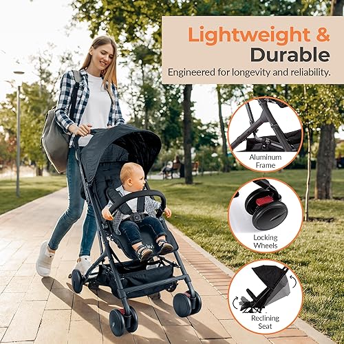 Miniatura 5 de Jovial Cochecito de bebé ligero, cochecito de viaje plegable con asiento reclinable, toldo, arnés de seguridad de 5 puntos, canasta de