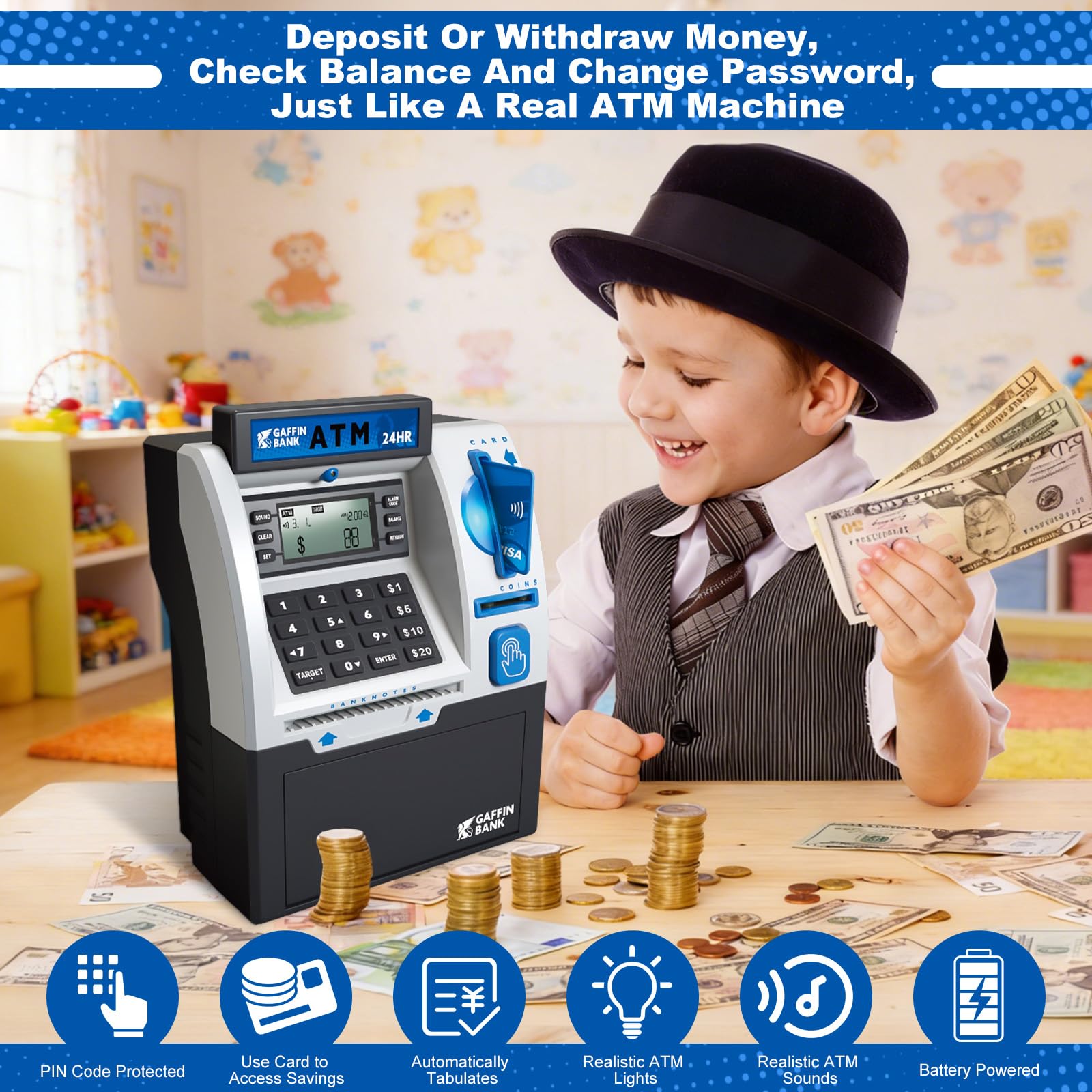 Roadtime ATM Hucha, Mini Cerdo ATM, Caja de Ahorro para Monedas y Billetes, Cofre Reutilizable, Guardacambios con Tarjeta de Débito, Caja de Ahorro Inteligente con Contraseña