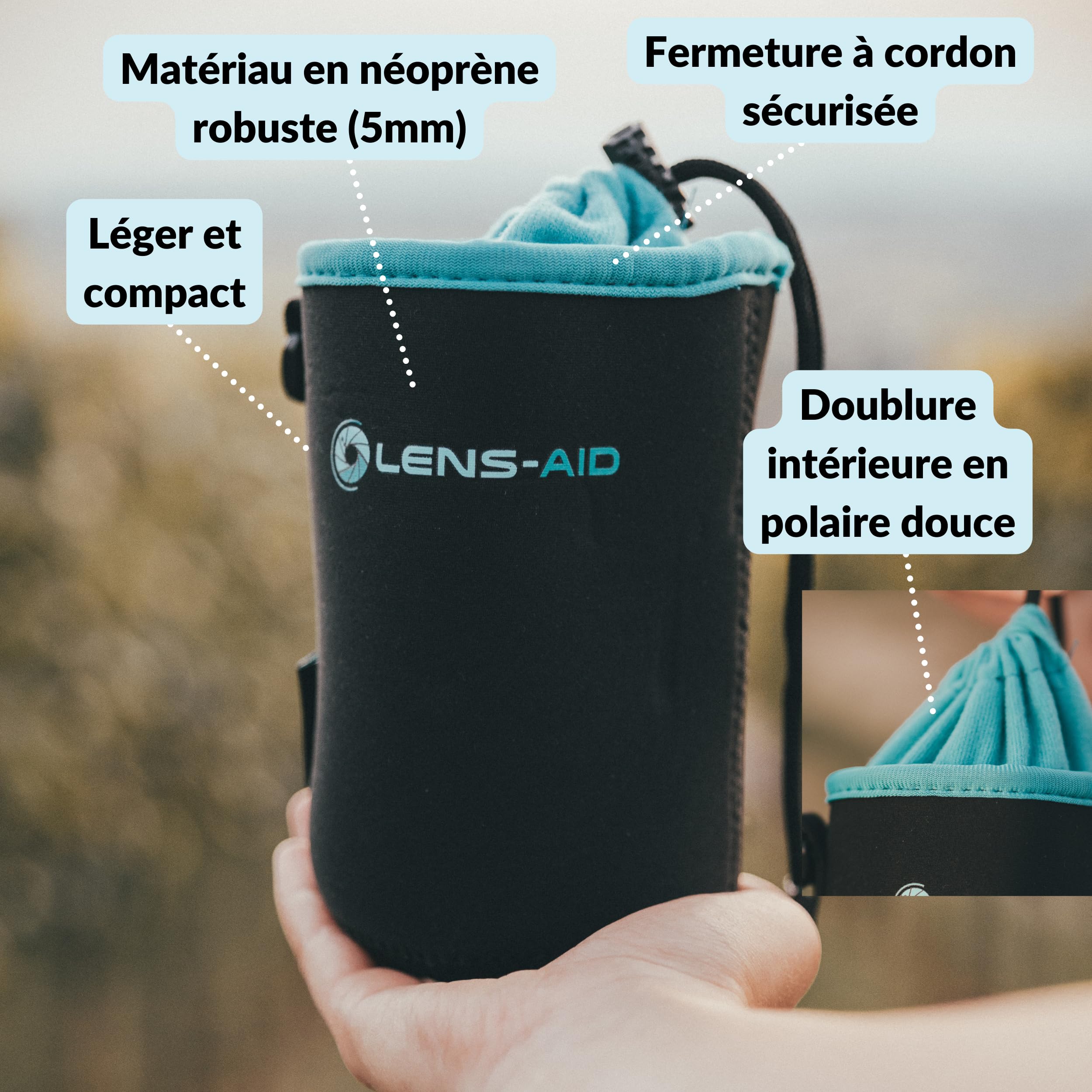 Housse pour Objectifs d’Appareil Photo en Néoprène avec Doublure en Polaire, Etui avec Cordon