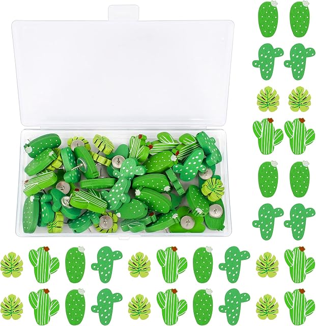 40Pcs Wooden Push Pins Cactus Palm Leaf Thumb Tacks Decorative Thumb Tacks Cute Pushpins with Box for Cork Boards Photos Wall Maps Corkboard Decor (5 Shapes)