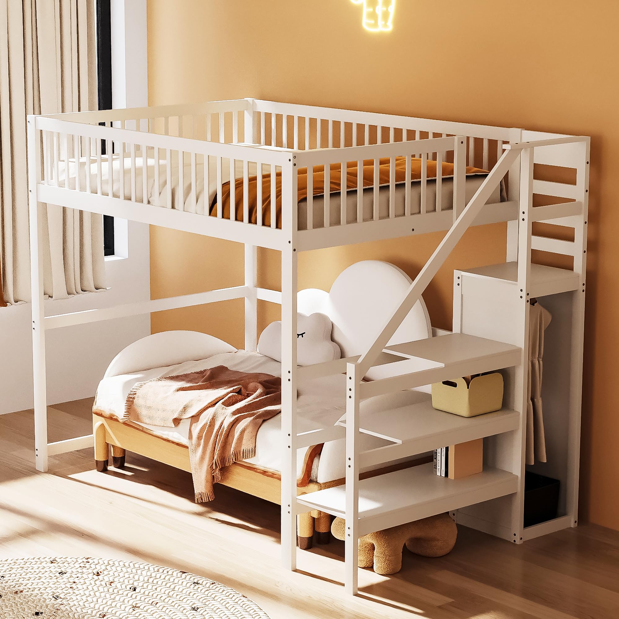 Kinderbett 140x200cm, Kinderbetten mit Aufbewahrungsregal, Hochbett mit Treppe, Hauskinderbett, Kinderbetten aus Holz, Weiß