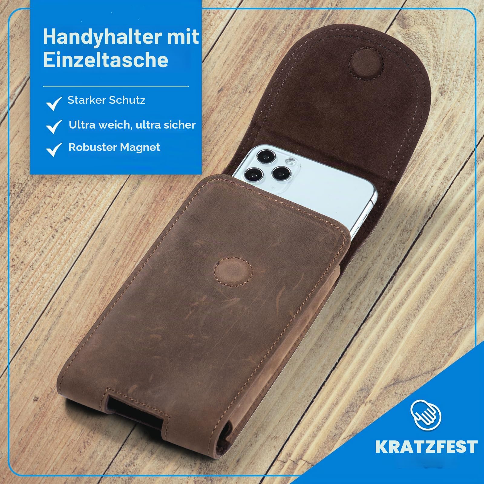 Handy-Holster aus echtem Leder, passend für iPhone 17 16 15 14 Pro Samsung Galaxy S25 S24 S23, Smartphone-Halterung mit Magnetverschluss und Gürtelclip, Handytasche (Retro-Braun)