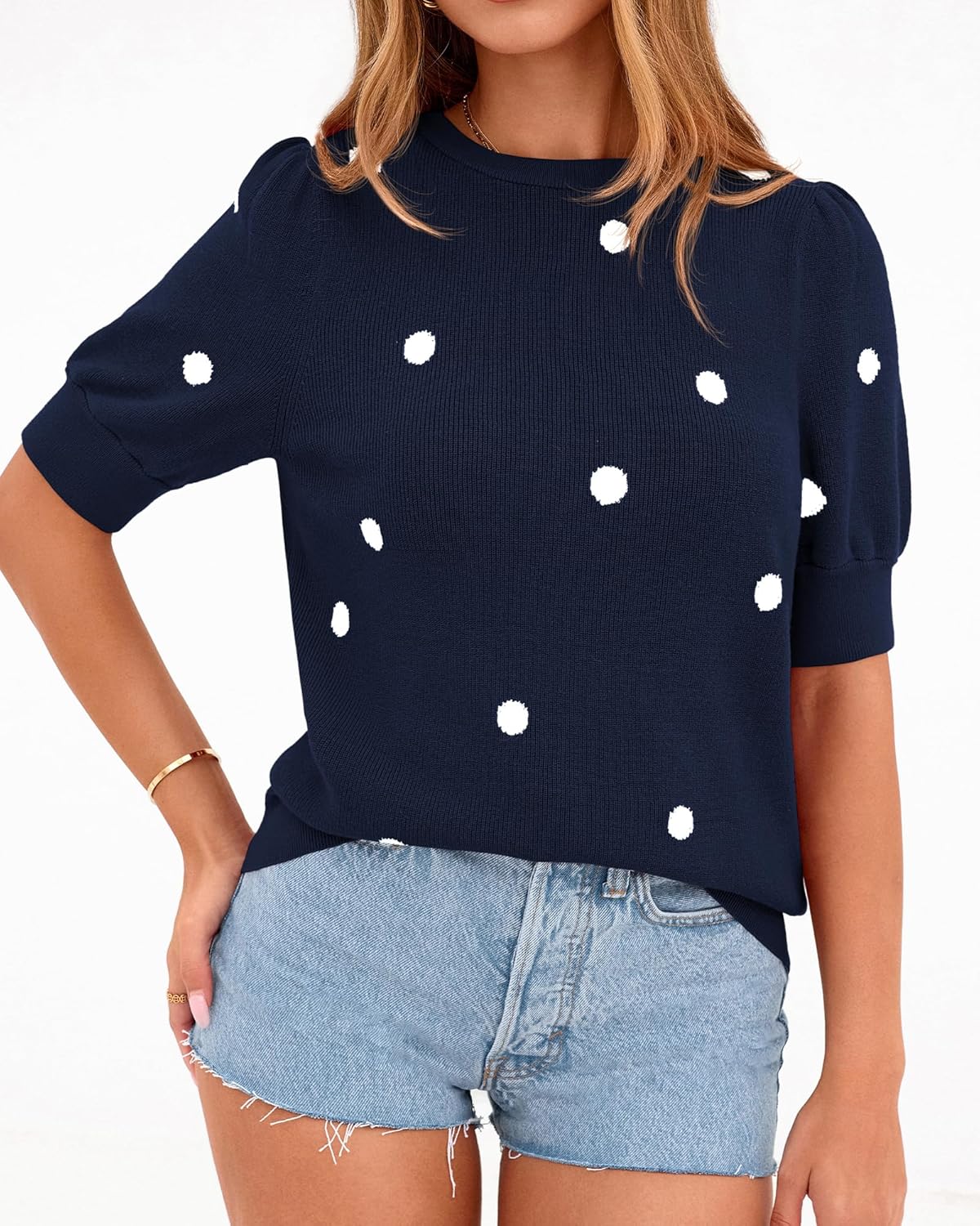 BTFBM Womens Sweaters Polka Dot Short Sleeve Sweater for Women Crew Neck Knit Summer Tops Business Dressy Casual Blouses