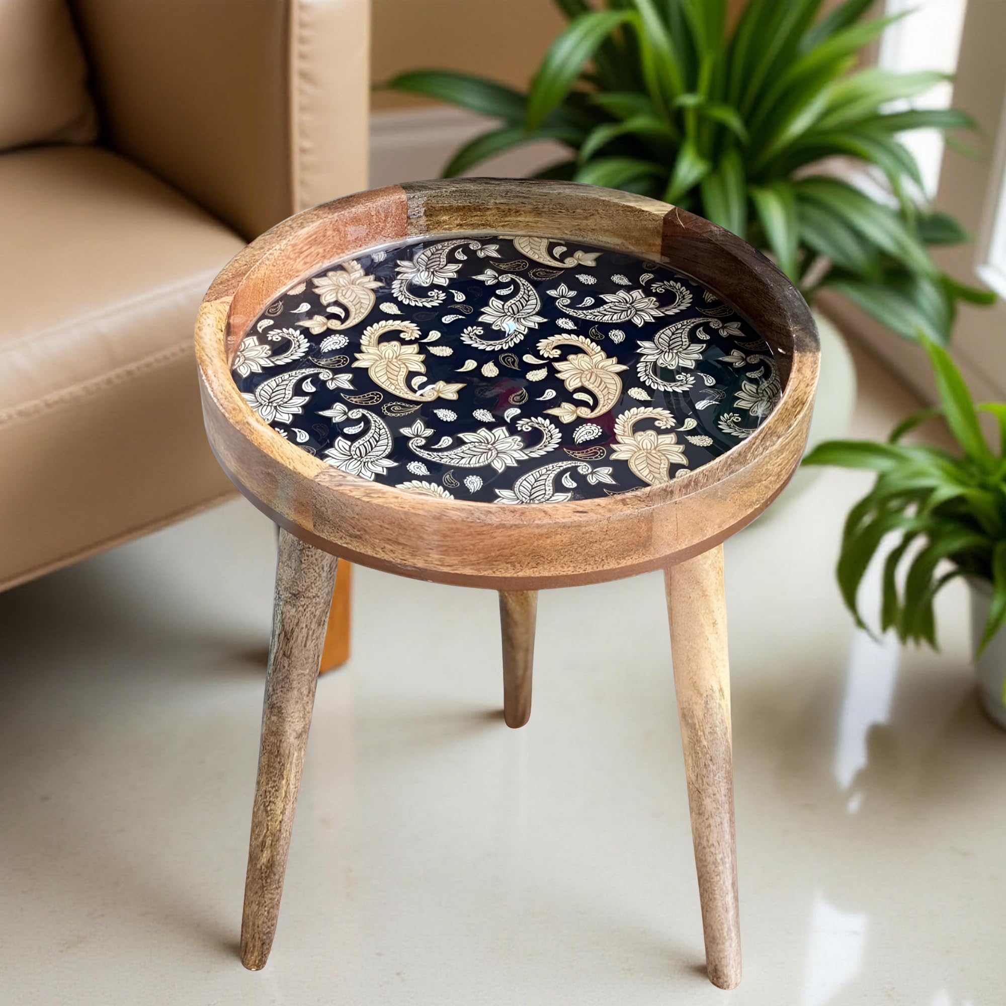Handmade Marrakesh Side Table – 13" Round Wooden Top, 22" Detachable Mango Wood Legs, Boho Accent Table for Living Room, Bedroom, Small Spaces, End Table, Coffee Table, Nightstand (French Paisley)
