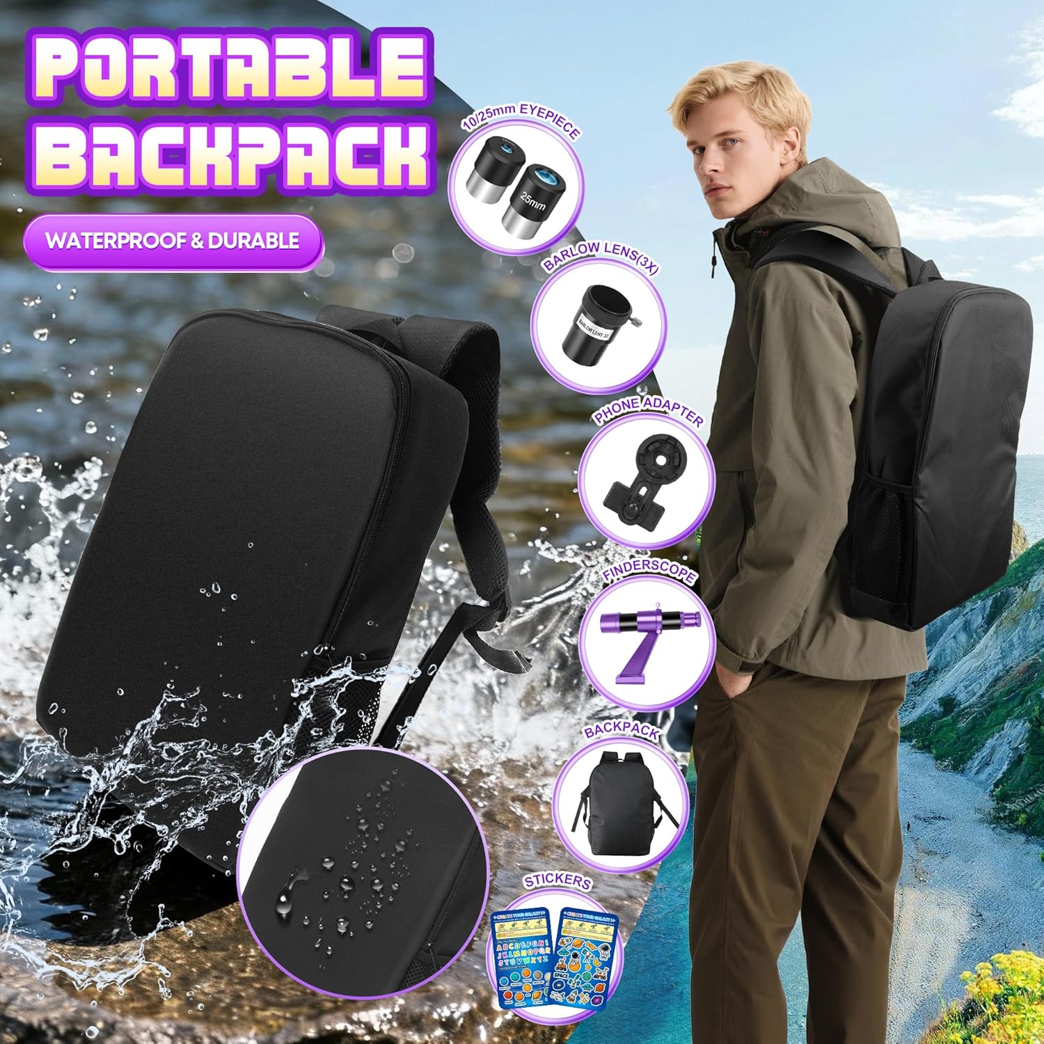 Dianfan Telescope for Kids & Adults, 80mm Aperture 500mm Astronomical Professional Telescope for Adults High Powered, Portable Travel Telescopes for Beginners with Tripod & Adapter, Stickers, Backpack - Image 3