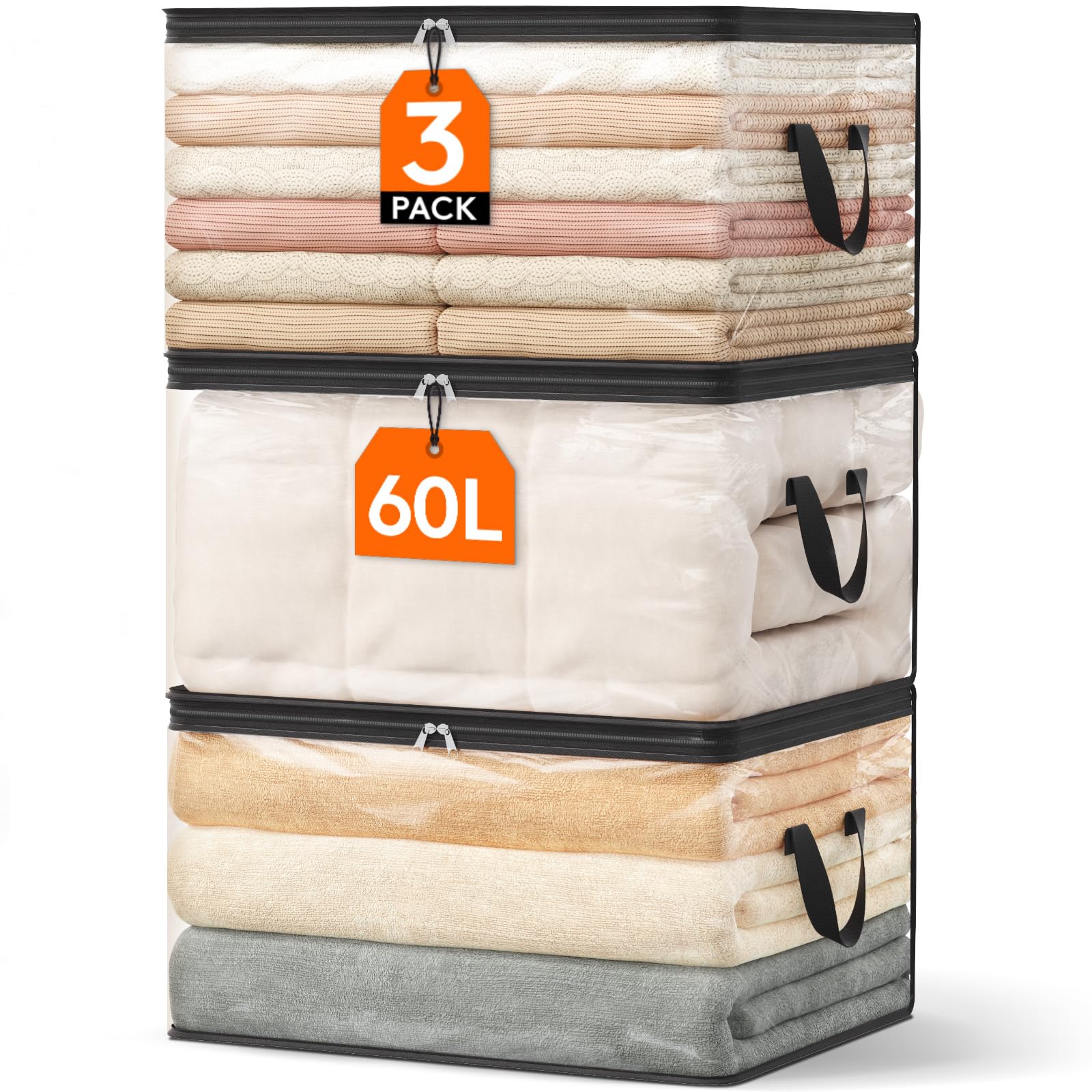 Lifewit 3 Pack Clear Clothes Storage Bags, 60L Plastic Blanket Vinyl Foldable Moving Bags with Zipper, Closet Organizers and Storage Containers for Bedding, Duvet, Pillow
