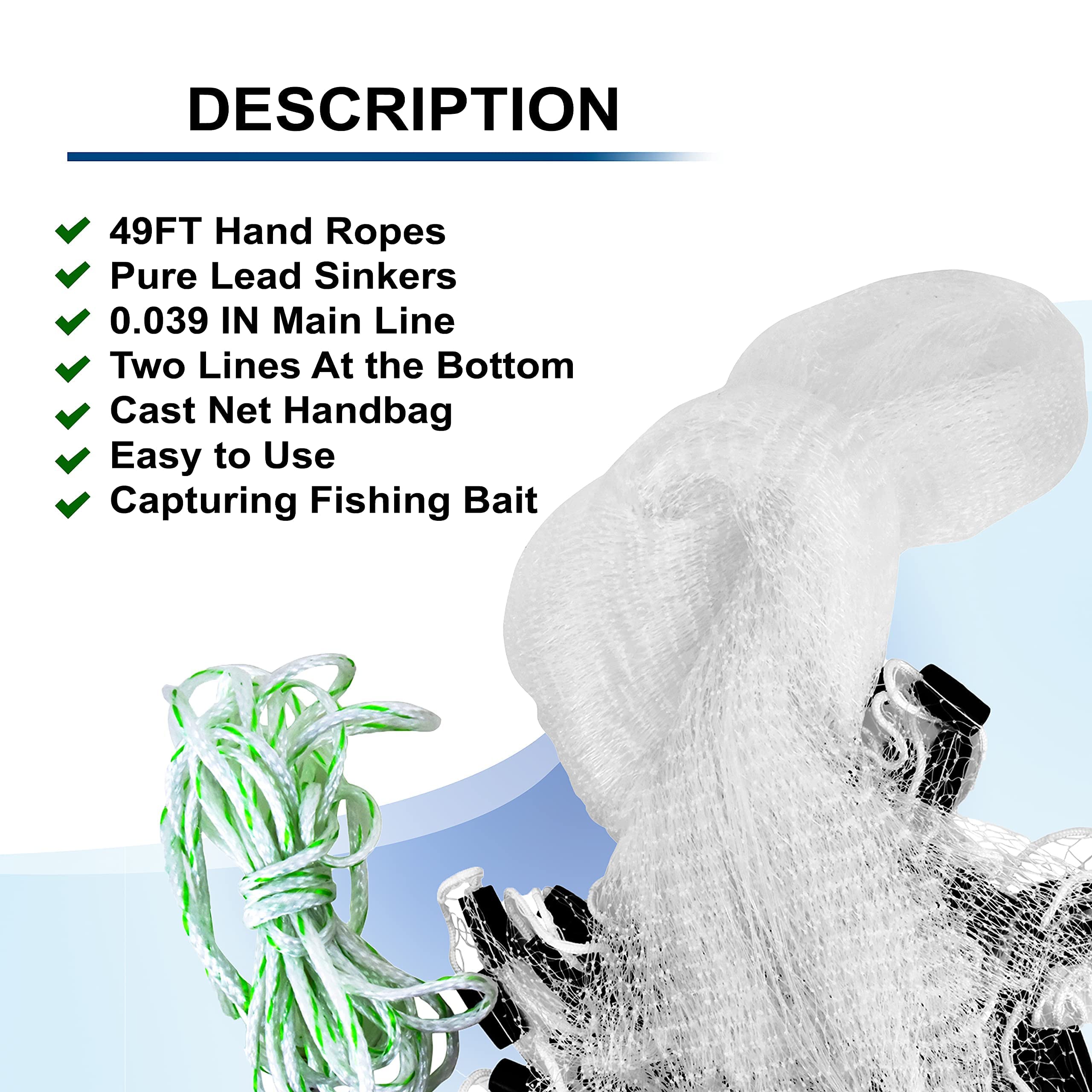 Saltwater American Fishing Cast Net, 3/8inch Mesh Size for Bait Trap Fish, Heavy Duty Throw Net