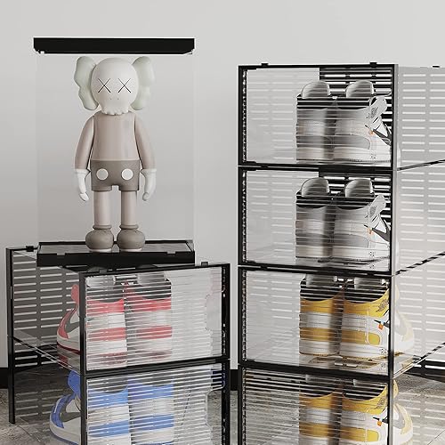 Miniatura 7 de WAYTRIM Cajas de zapatos apilables, organizador de zapatos apilable de plástico transparente para armario, ahorro de espacio, contenedores plegables