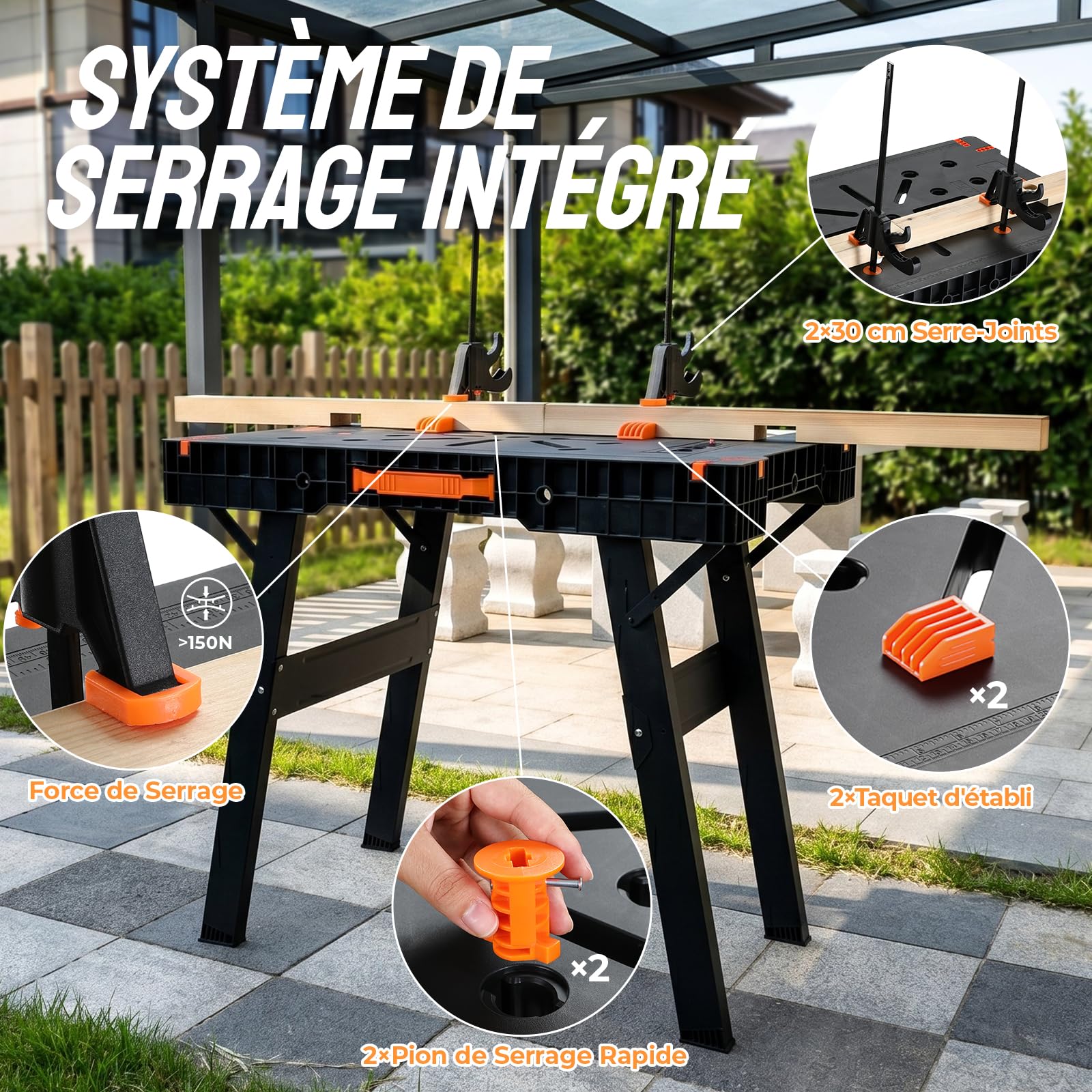 TLGREEN Établi Pliant, Table de Travail Portable avec 2 Serre-Joints | Établi Pliable Portable avec Alimentation Intégrée, Capacité 300-500kg, pour Garage Atelier Chantier, sans Montage,86x55×79cm