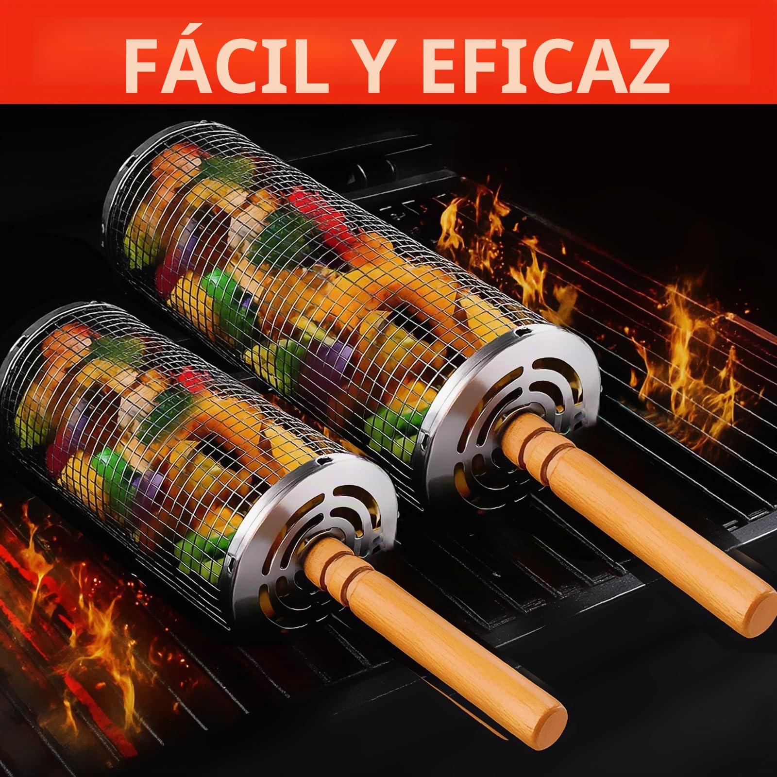 Juego de 2 Cestas para Parrilla Anidadas - Acero Inoxidable 304 con Mango de Madera Desmontable - Para Verduras y Carne - Accesorios para Parrilla/Camping/Barbacoa a Gas