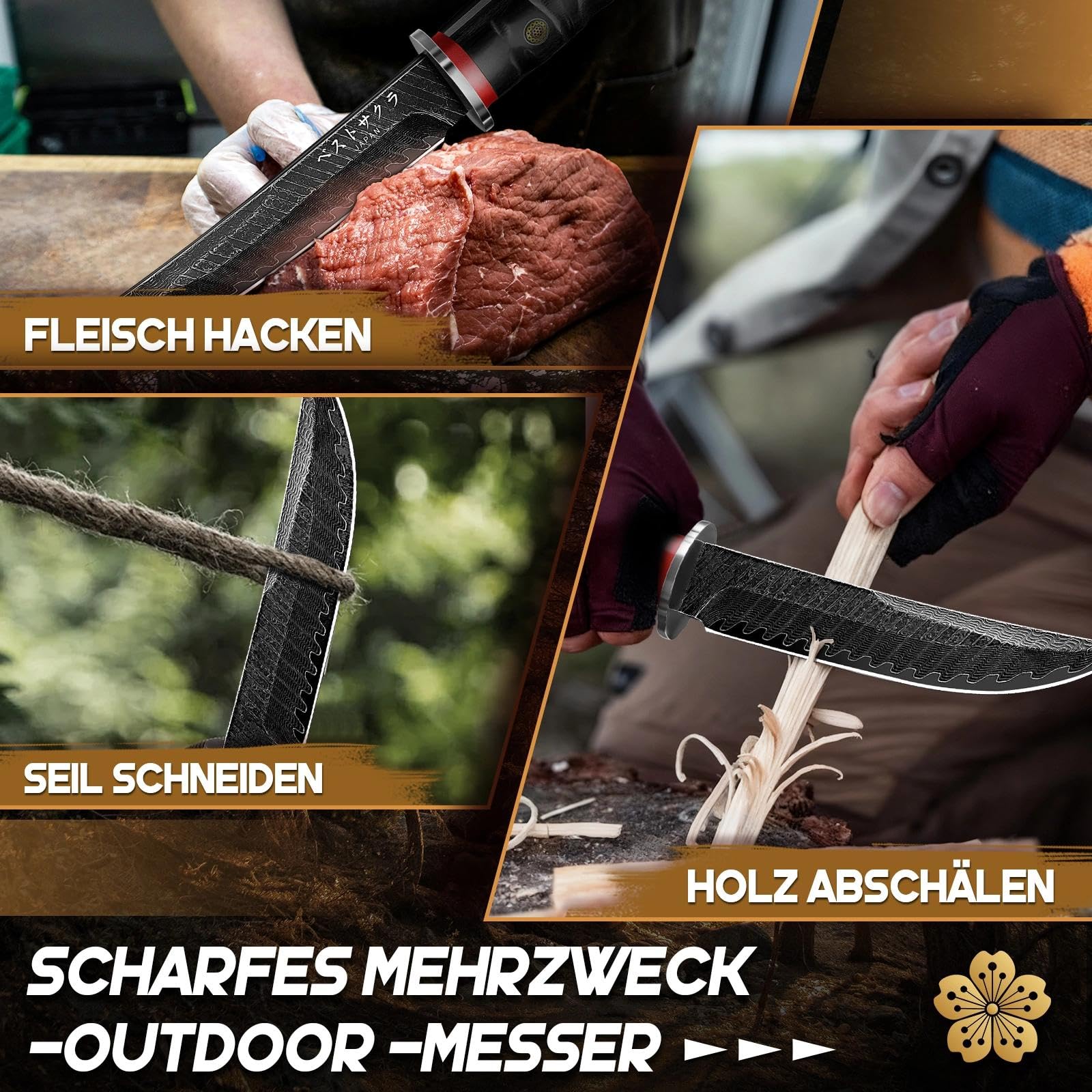PURPLEBIRD Schwarzes Camping Messer aus Kohlenstoffstahl, Hohe Härte und Schärfe, Outdoor Messer mit Messerscheide aus Ebenholz für die Jagd, Wanderungen, Geschenk für Männer