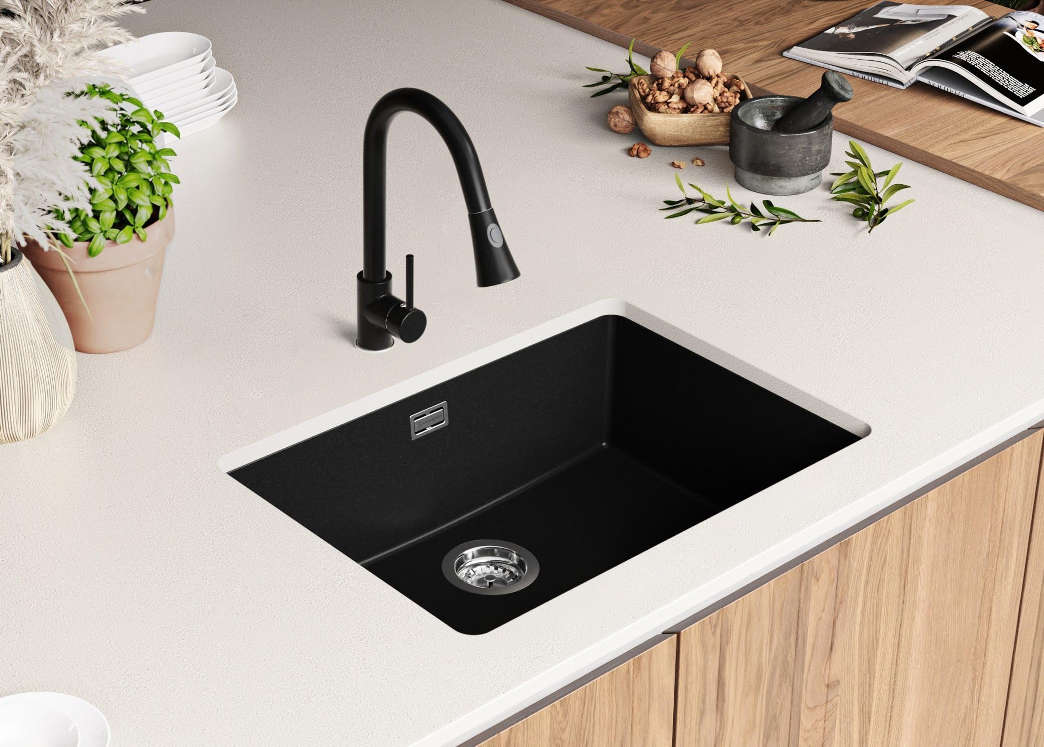 PRIMAGRAN Fregadero bajo Encimera Todo Negro - London, 66x47cm | Cocina 1 Seno + Zuberhor-Set, Granito al Mueble 70cm (S439)