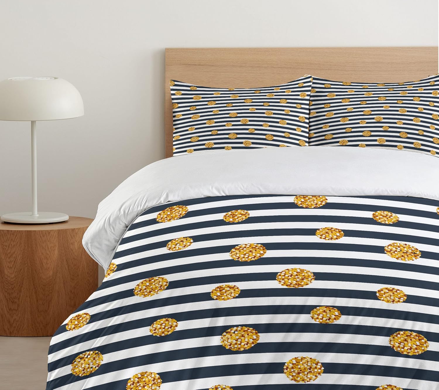Ambesonne Modern Duvet Cover Set, Horizontal Nautical Lines with Circles Rounds Polka Dots, Decorative 3 Piece Bedding Set with 2 Pillow Shams, King Size, Yellow Blue