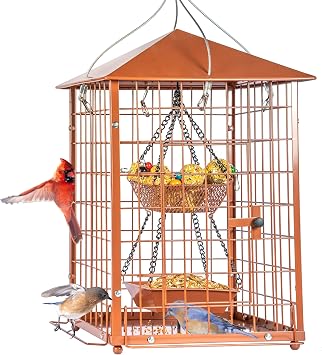 Mealworm Bird Feeders, Squirrel-Proof BluebirdsHanging Bird Feeder with 2 Perches, Upgraded Version Metal Cage Style with Roof, Squirrel-Resistant Design for Outdoor GardenBrown