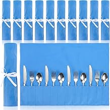 Tebery 12 Pcs Anti Tarnish Silver Storage Bags, 12 Slot Silverware Protector Cloth Roll with White Ribbon, Cutlery Flatware Place Setting Roll Organizer for Kitchen Utensil Teaspoon