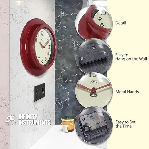 Miniatura 6 de Infinity Instruments Retro Escape - Reloj de pared para interiores de plástico de 9.75 pulgadas con movimiento silencioso, color rojo