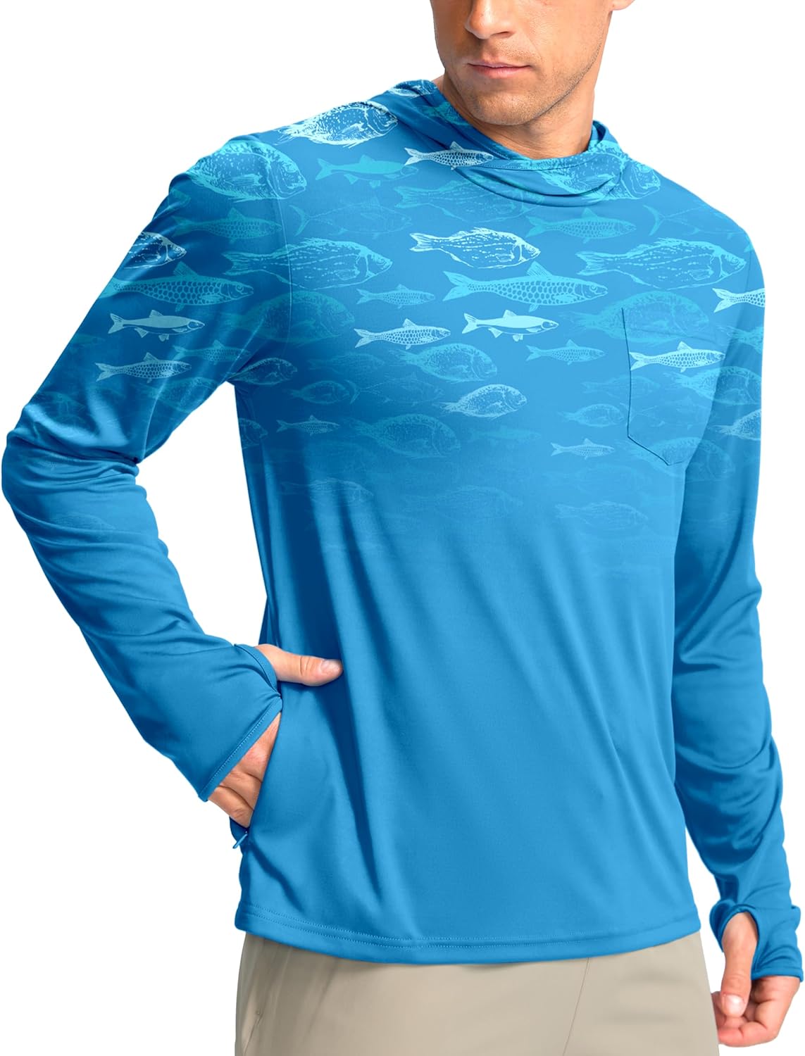 Men's Sun Protection Shirts UPF 50+ Long Sleeve Hoodie with 2 Pockets UV SPF Fishing Hiking Rash Guard Shirts