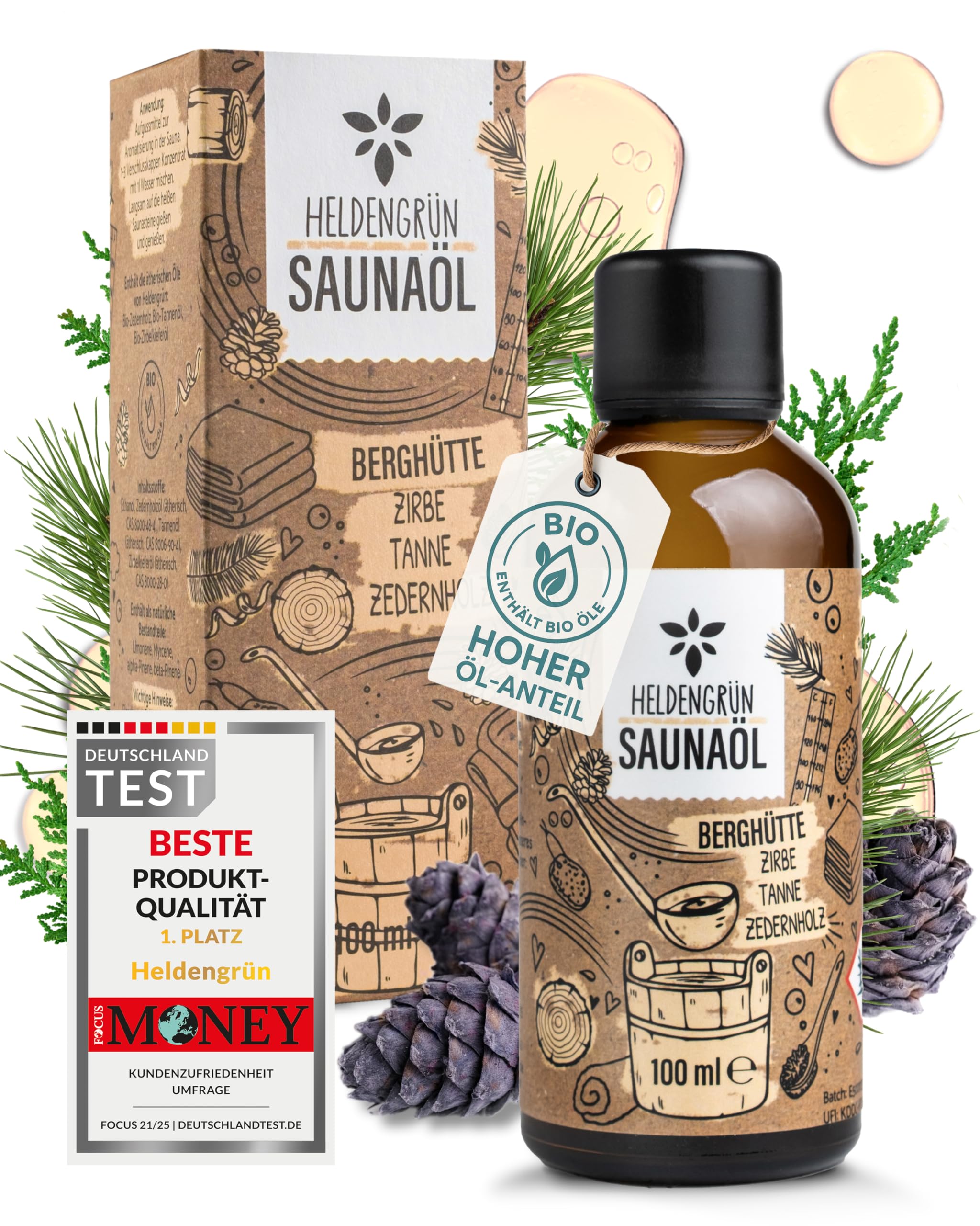 Heldengrün® BIO Saunaaufguss Wald “Berghütte” [100 % NATURREIN] Saunaöl mit Zedernholz, Tanne & Zirbe - Ruhiger Saunaaufguss für Liebhaber – Sauna Konzentrat für 20 Anwendungen
