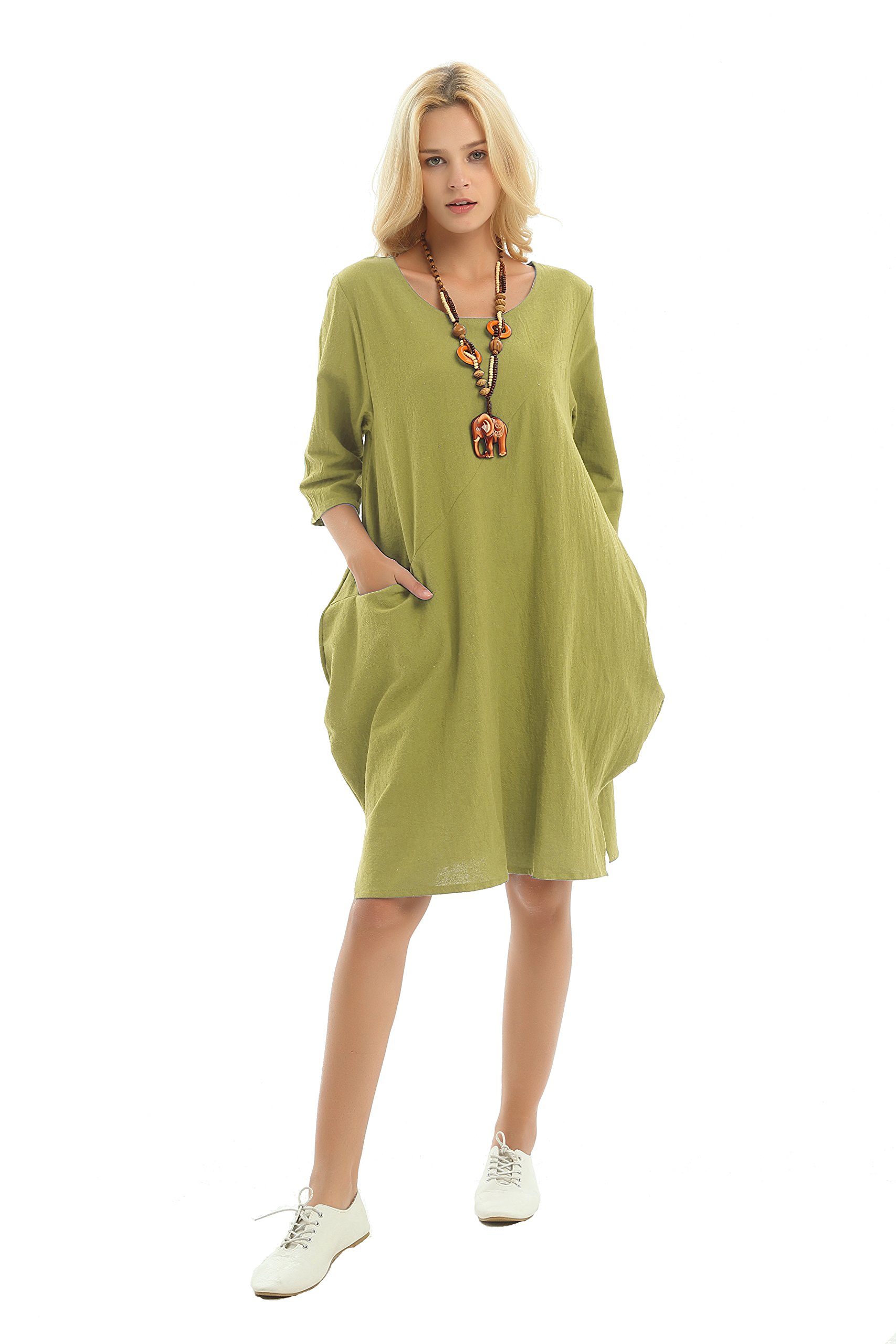 3/4 Sleeves Side Pockets Soft Linen Cotton Spring Summer Fall Dress Plus Size Clothing F155A