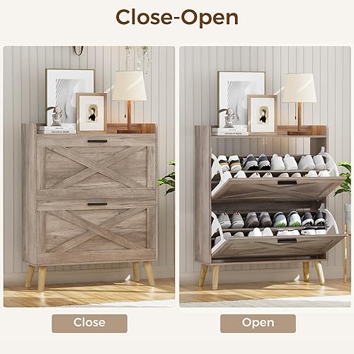 Miniatura 6 de Armario de almacenamiento de zapatos de granja de 32 pulgadas de ancho con 2 cajones abatibles y diseño de puerta de granero, estantes ajustables,