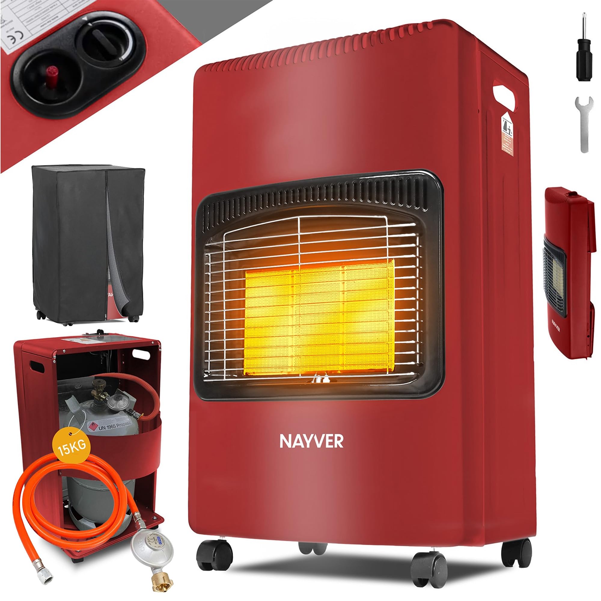 Chauffage à gaz 4200 W - Chauffage à gaz en céramique avec régulateur de pression de gaz, tuyau à gaz, brûleur infrarouge en céramique, bouteilles de butane ou propane jusqu'à 15 kg (noir