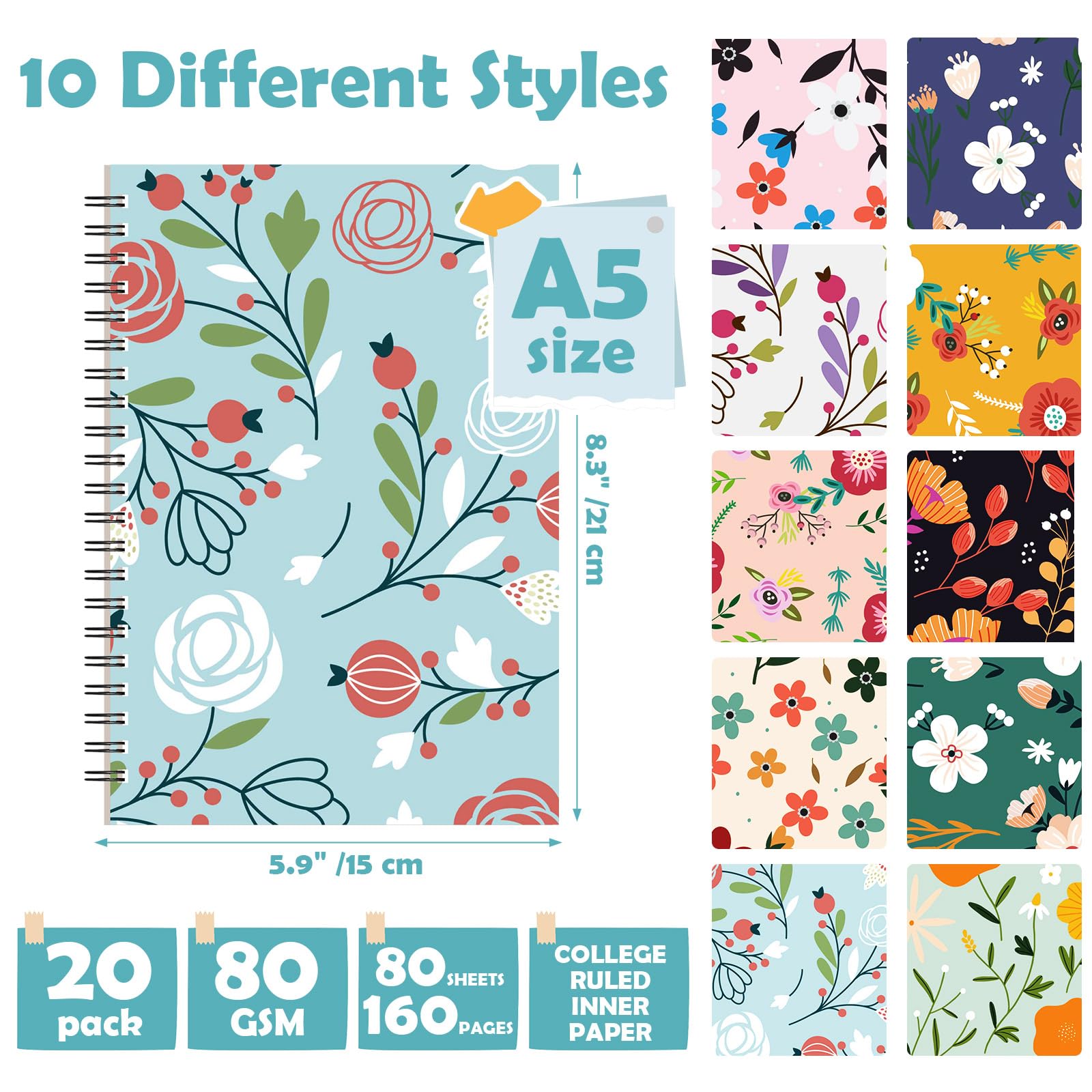 Kosiz 20 quaderni a spirale, formato A5, con motivo floreale spesso, 8 mm, a righe, 20 x 15 cm, 160 pagine, carta da 80 g/m², copertina rigida, a righe, ideali come regalo per scuola, studenti,