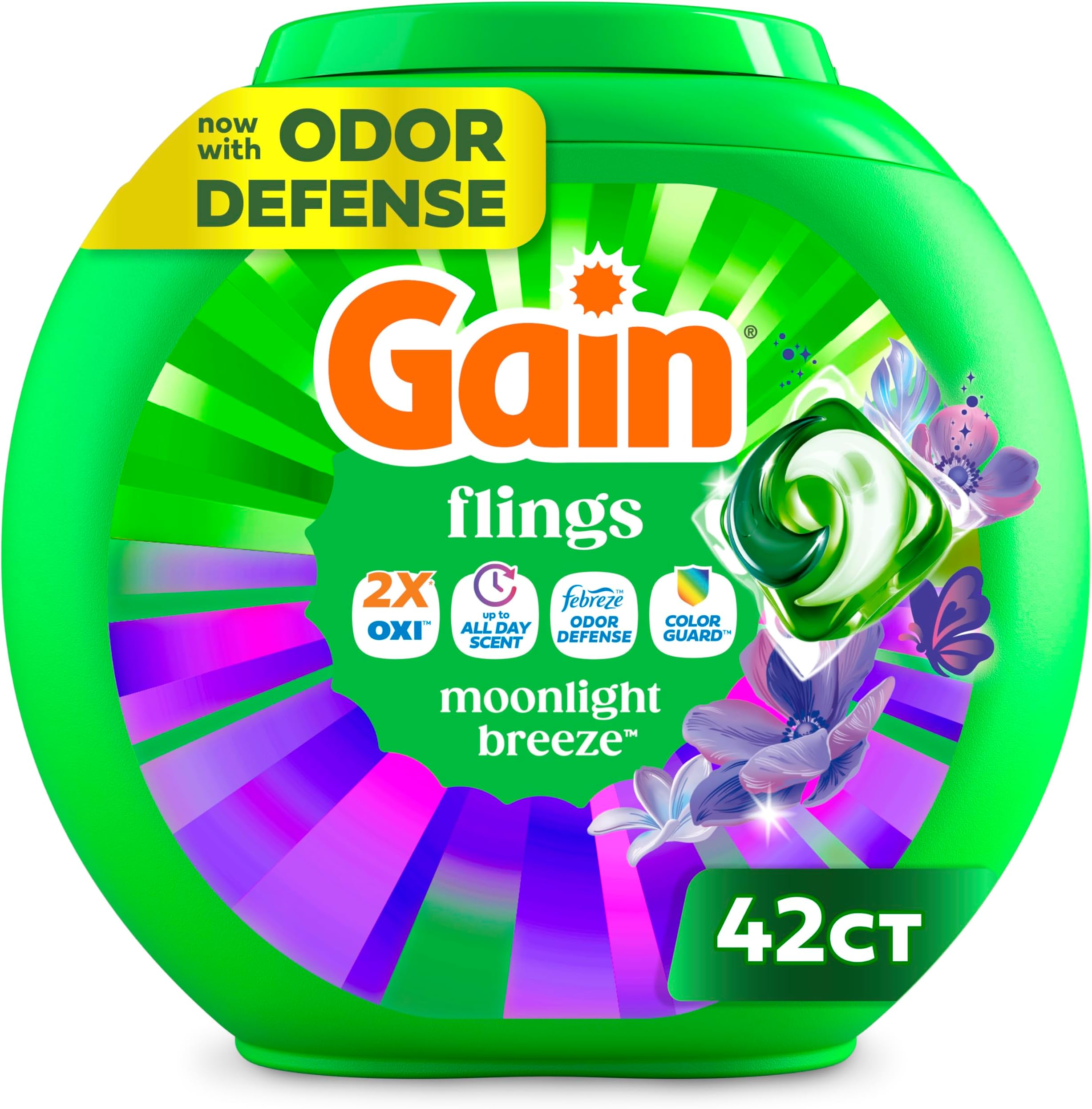 Gain Flings Liquid Washing Detergent Pods with Odor Defense + Color Guard, Moonlight Breeze Scent, 4-in-1 Liquid Laundry Detergent Pacs, Clean & Fresh, 42 Count (Packaging May Vary)