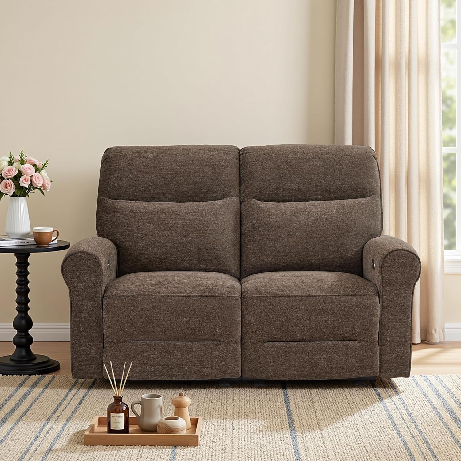 MCombo 64.6" Wall Hugger Power Loveseat Recliner Sofa with USB Ports, Reclining Loveseat for Small Spaces Living Room RV, Fabric PR635M1 (Dark Brown)